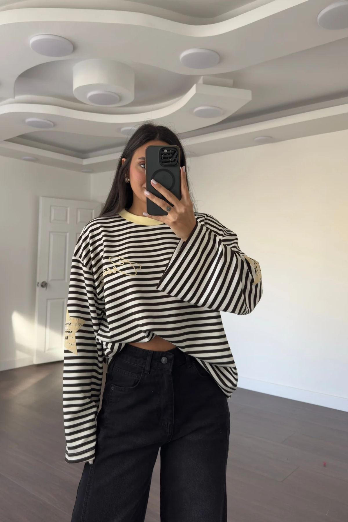 Modal Kumaş Yıldız Baskılı Çizgili Sweatshirt-Kahve Ekru