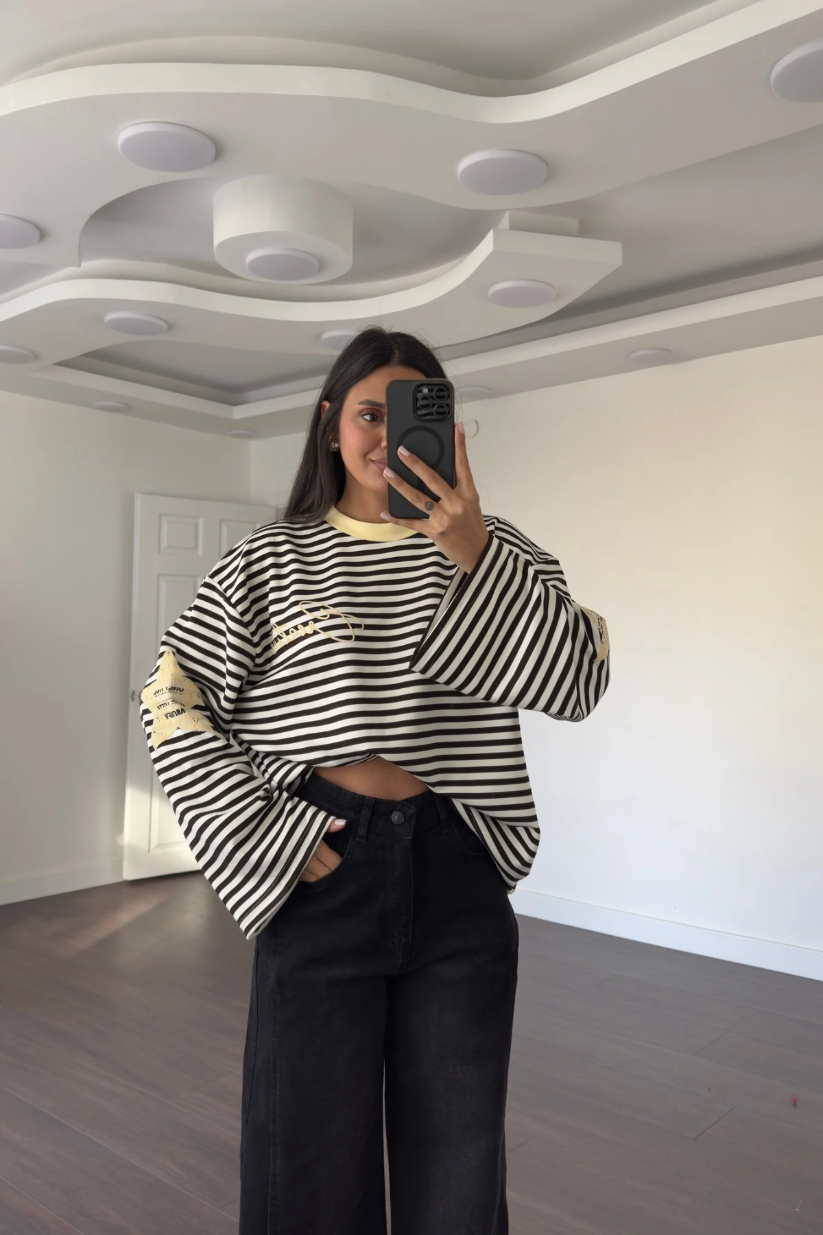 Modal Kumaş Yıldız Baskılı Çizgili Sweatshirt-Kahve Ekru
