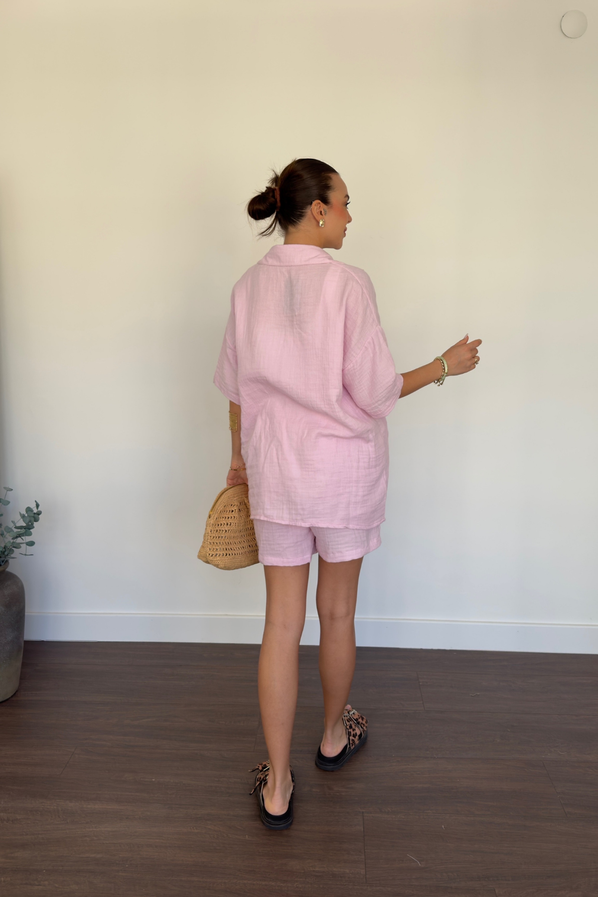 Müslin Gömlek Şort Takım-Pembe