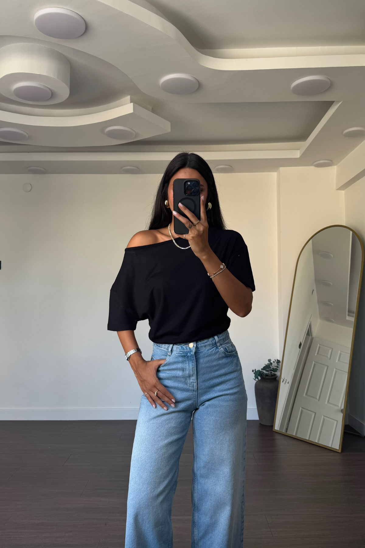 Omuz Düşük Yarasa Kol Bluz-Siyah