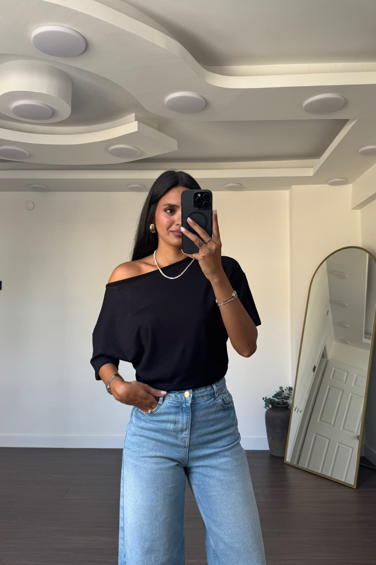 Omuz Düşük Yarasa Kol Bluz-Siyah