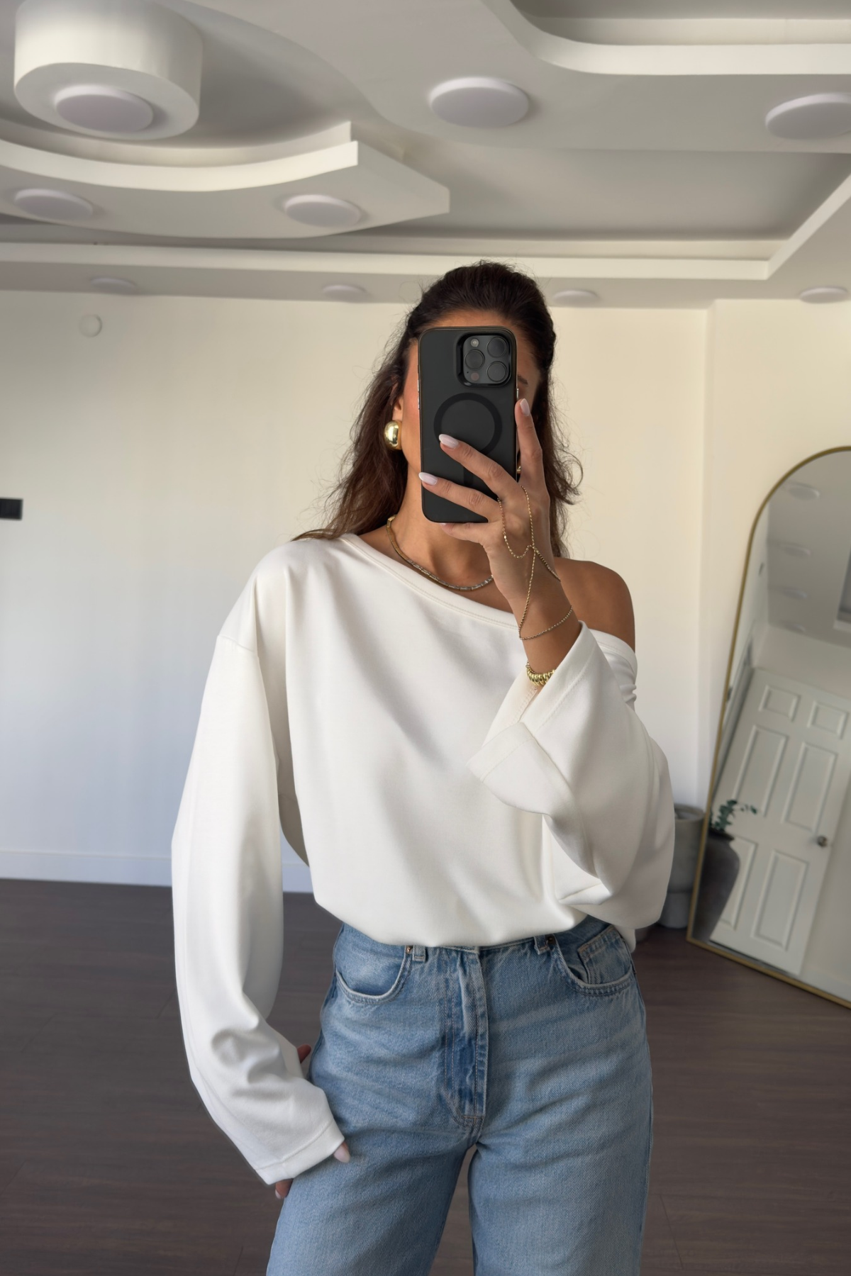 Omuz Düşük Yarasa Kol Oversize Bluz-Beyaz