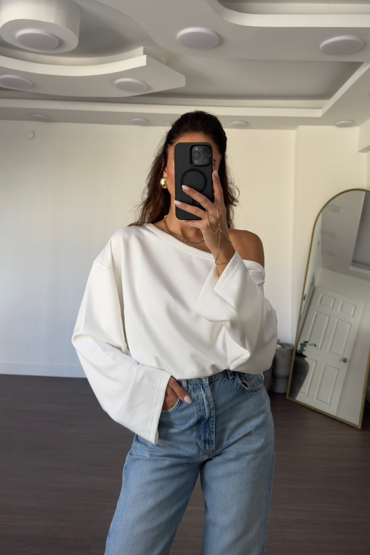 Omuz Düşük Yarasa Kol Oversize Bluz-Beyaz