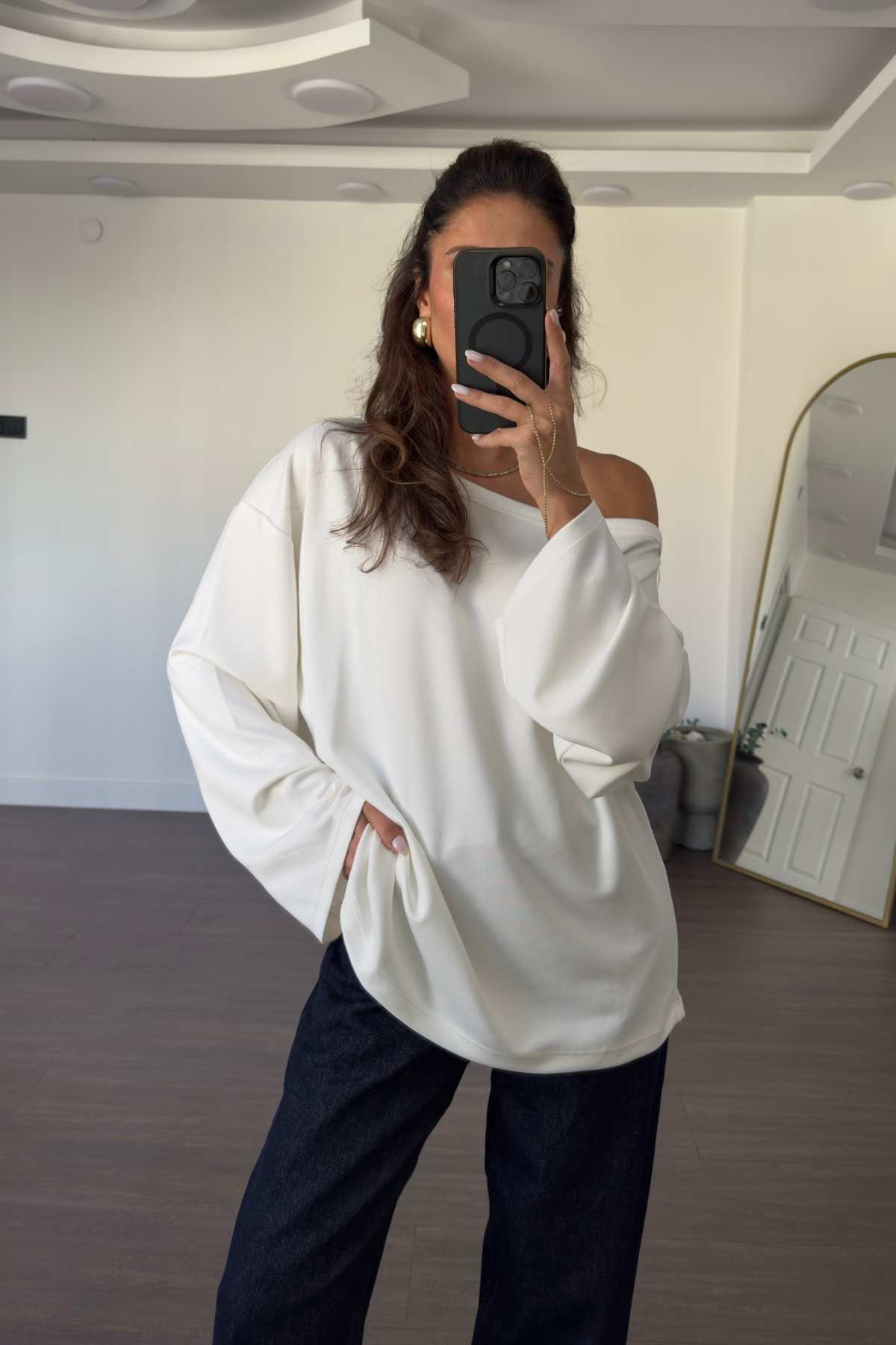 Omuz Düşük Yarasa Kol Oversize Bluz-Beyaz