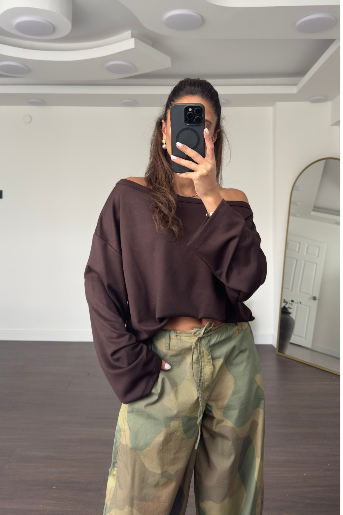 Omuz Düşük Yarasa Kol Oversize Bluz-Kahve