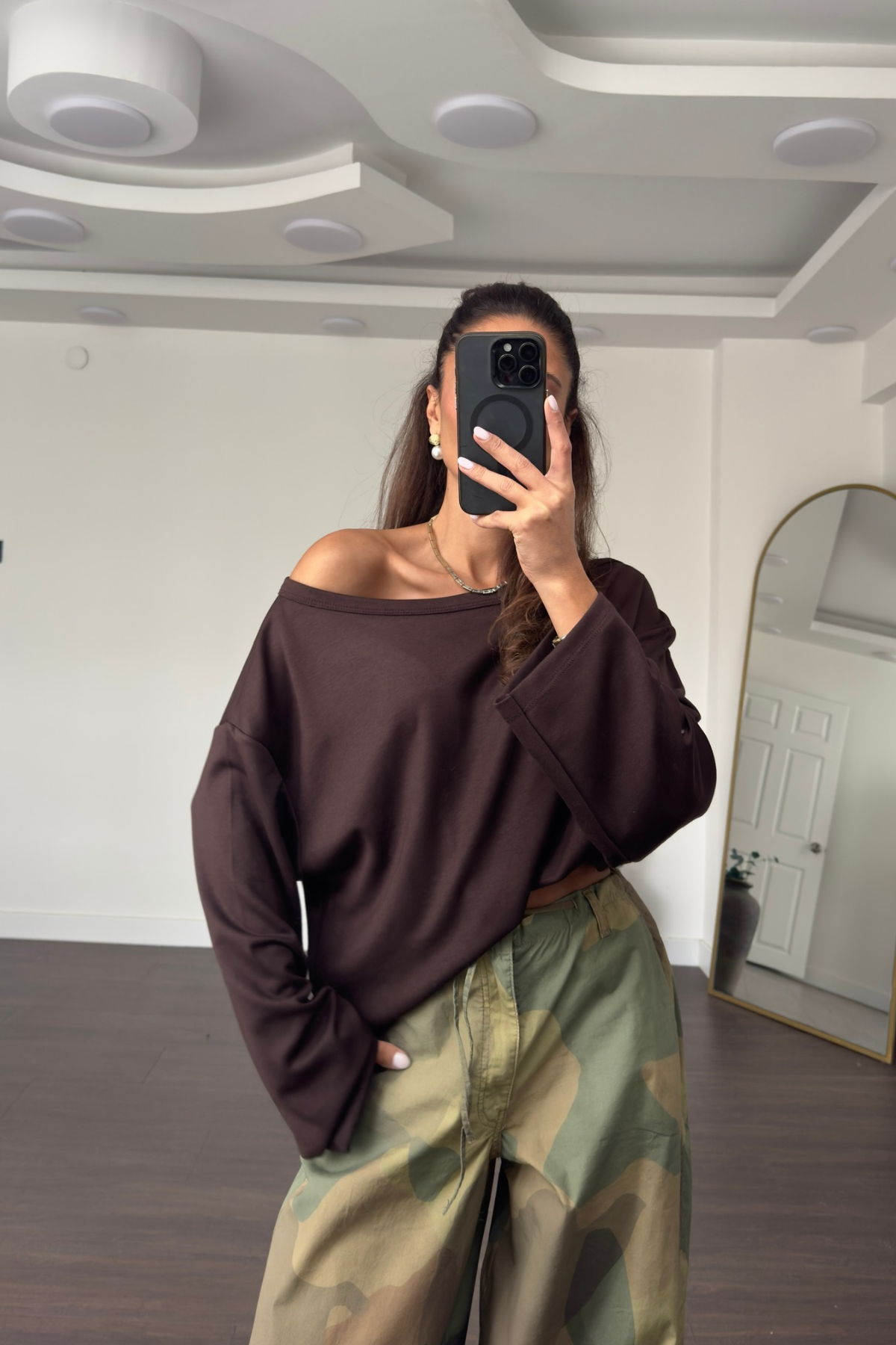 Omuz Düşük Yarasa Kol Oversize Bluz-Kahve