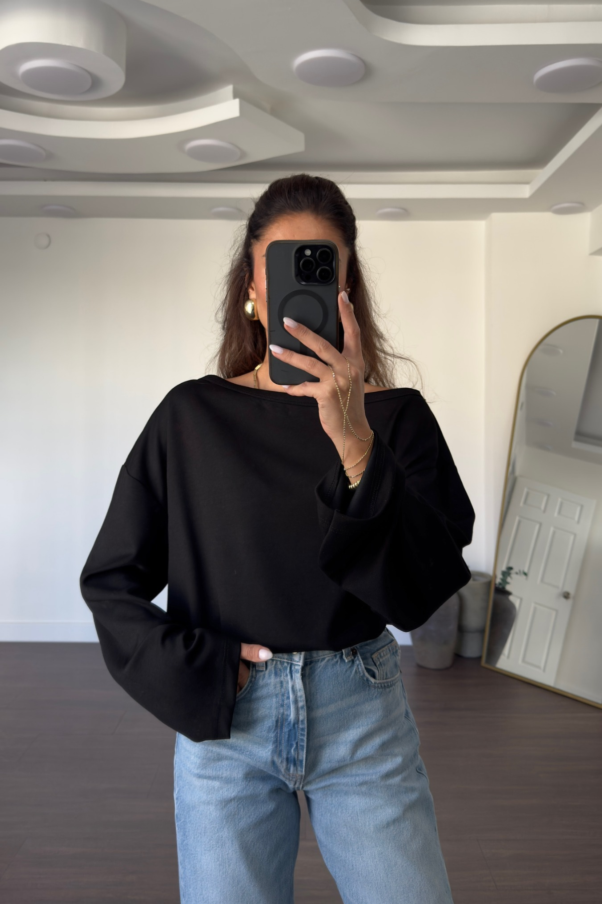 Omuz Düşük Yarasa Kol Oversize Bluz-Siyah