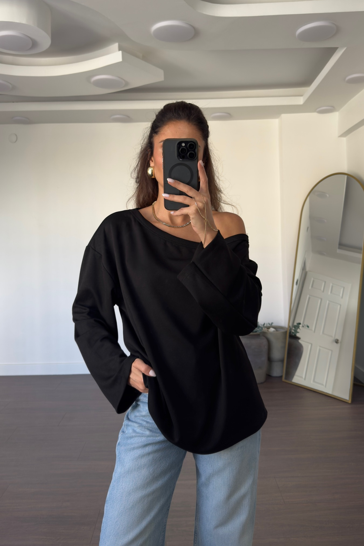 Omuz Düşük Yarasa Kol Oversize Bluz-Siyah