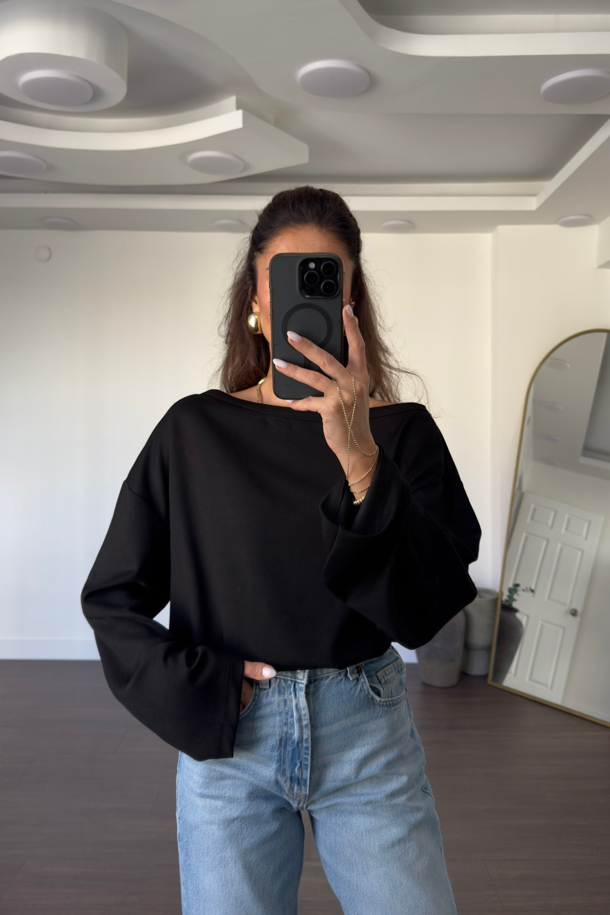 Omuz Düşük Yarasa Kol Oversize Bluz-Siyah