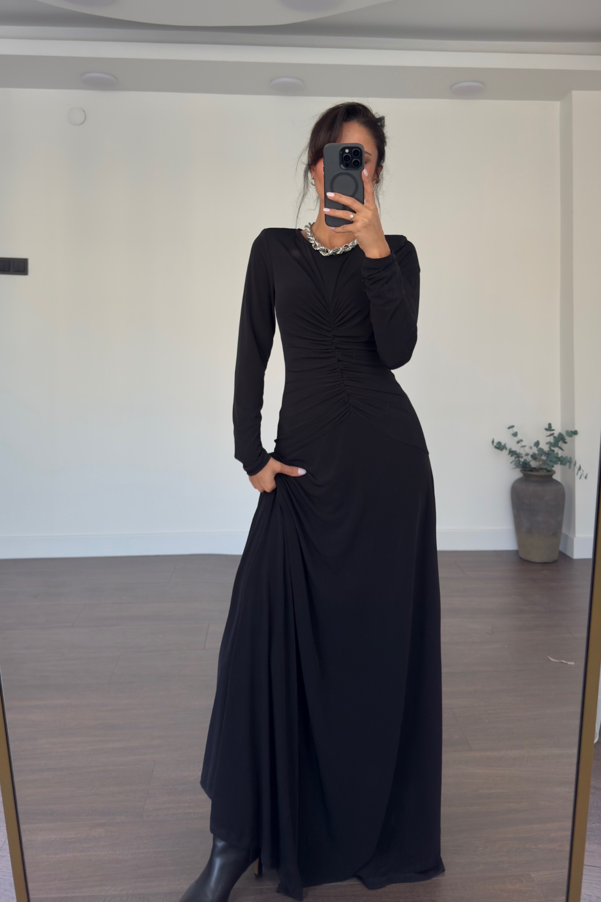Önden Drape Detay Maxi Boy Elbise-Siyah