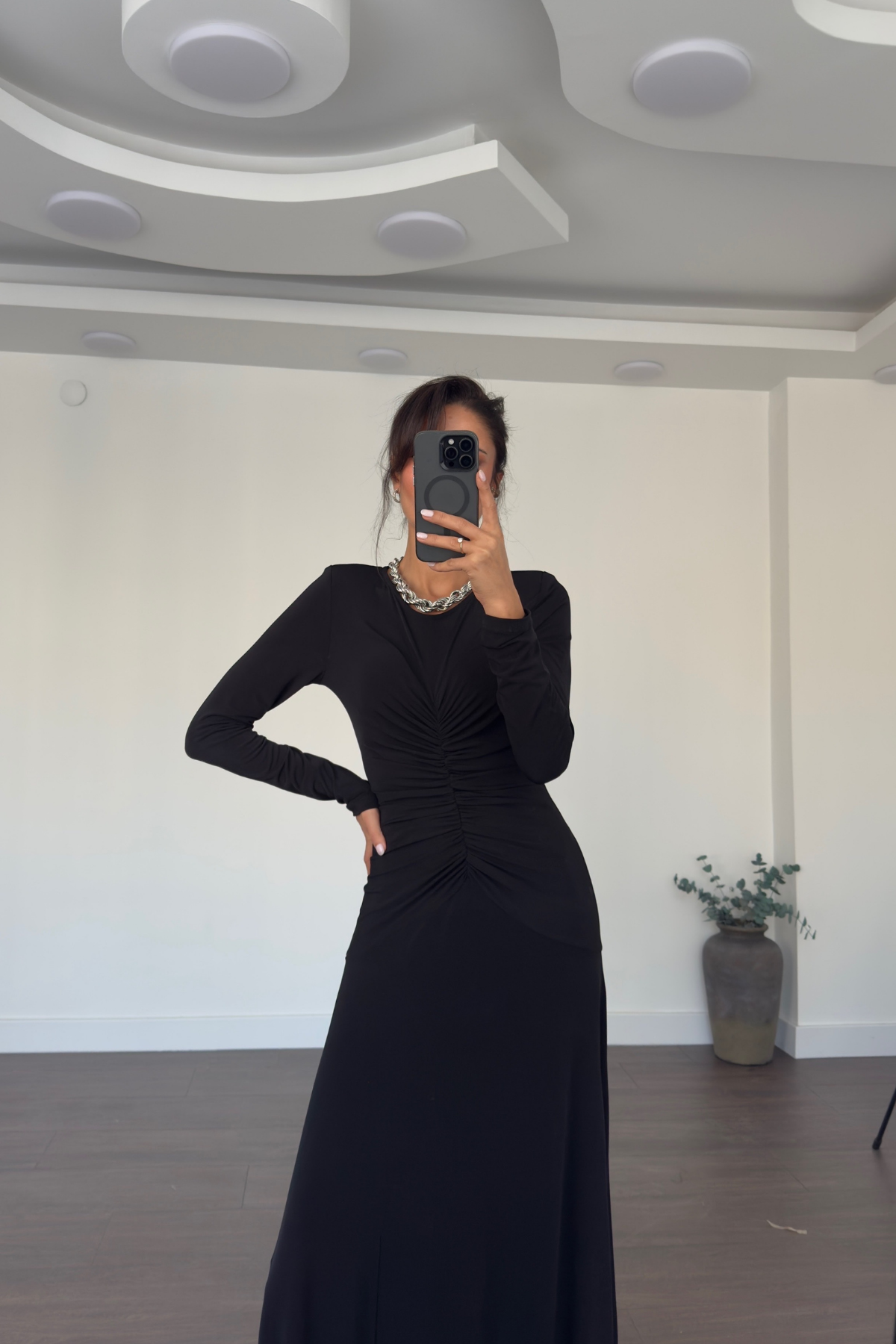 Önden Drape Detay Maxi Boy Elbise-Siyah