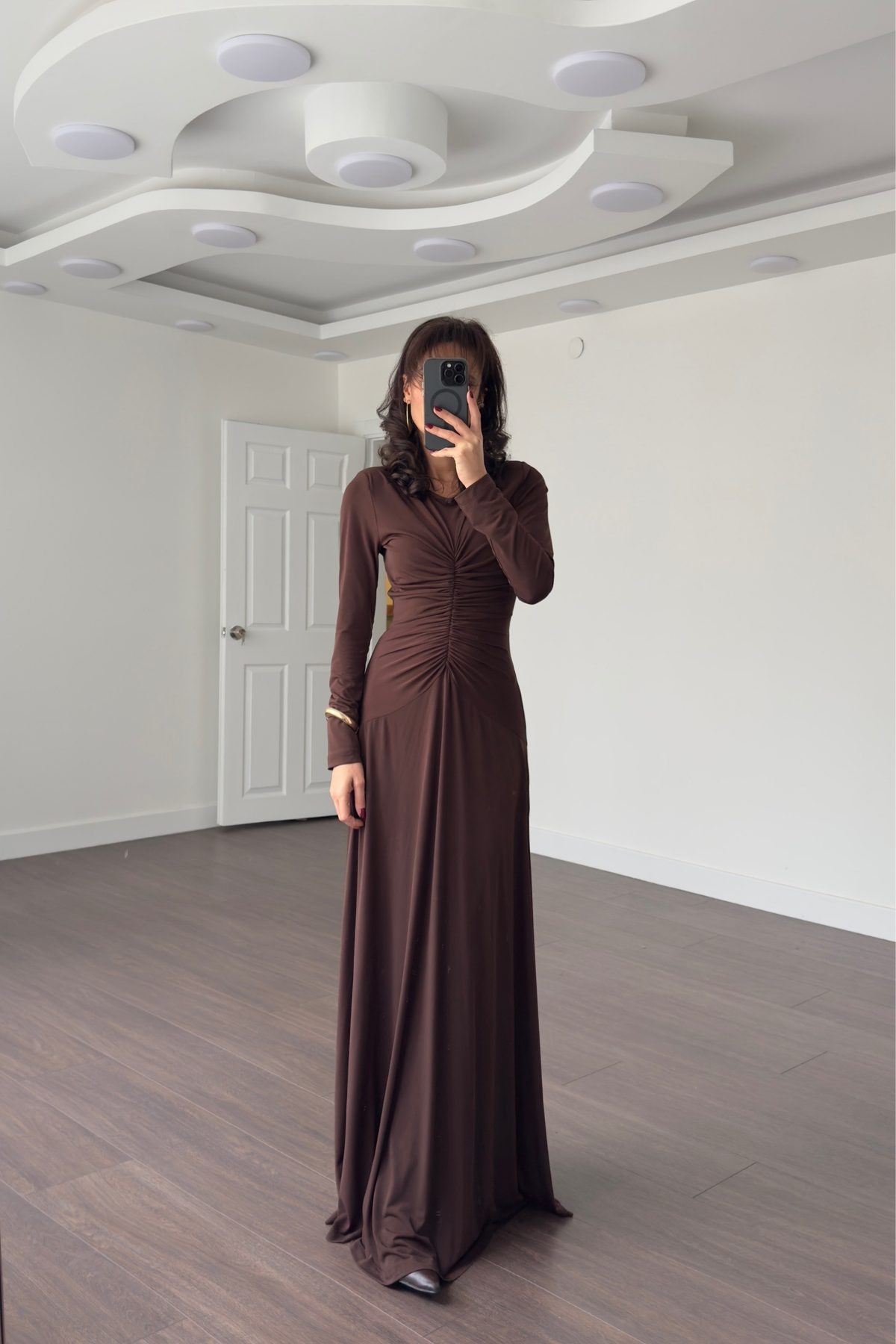 Önden Drape Detay Maxi Elbise-Kahve