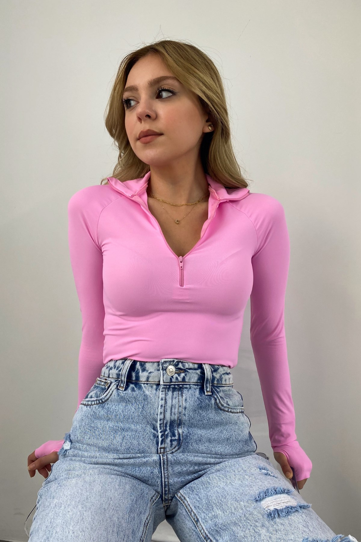 Önden Fermuarlı Pembe bluz