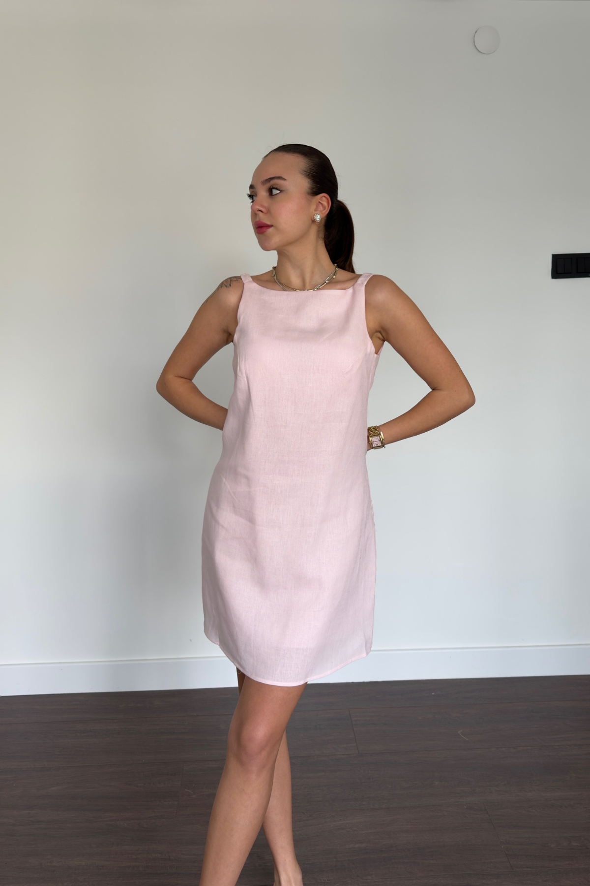 Pembe Keten Askılı Elbise