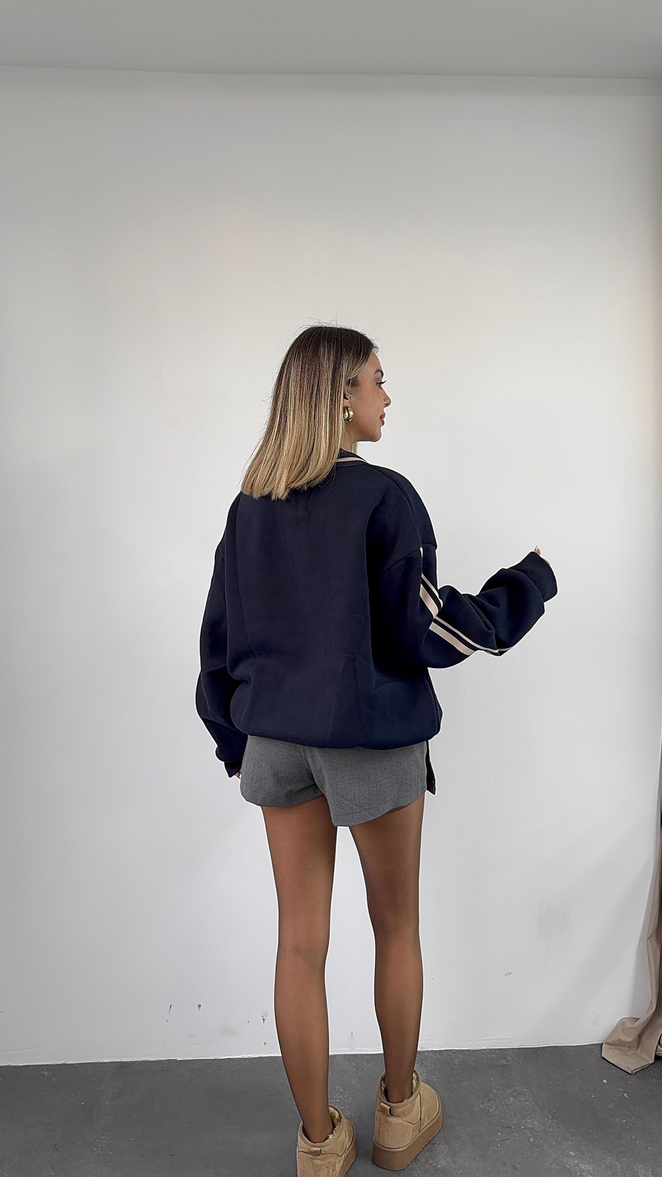 Polo Yaka Baskılı Lacivert Sweatshirt