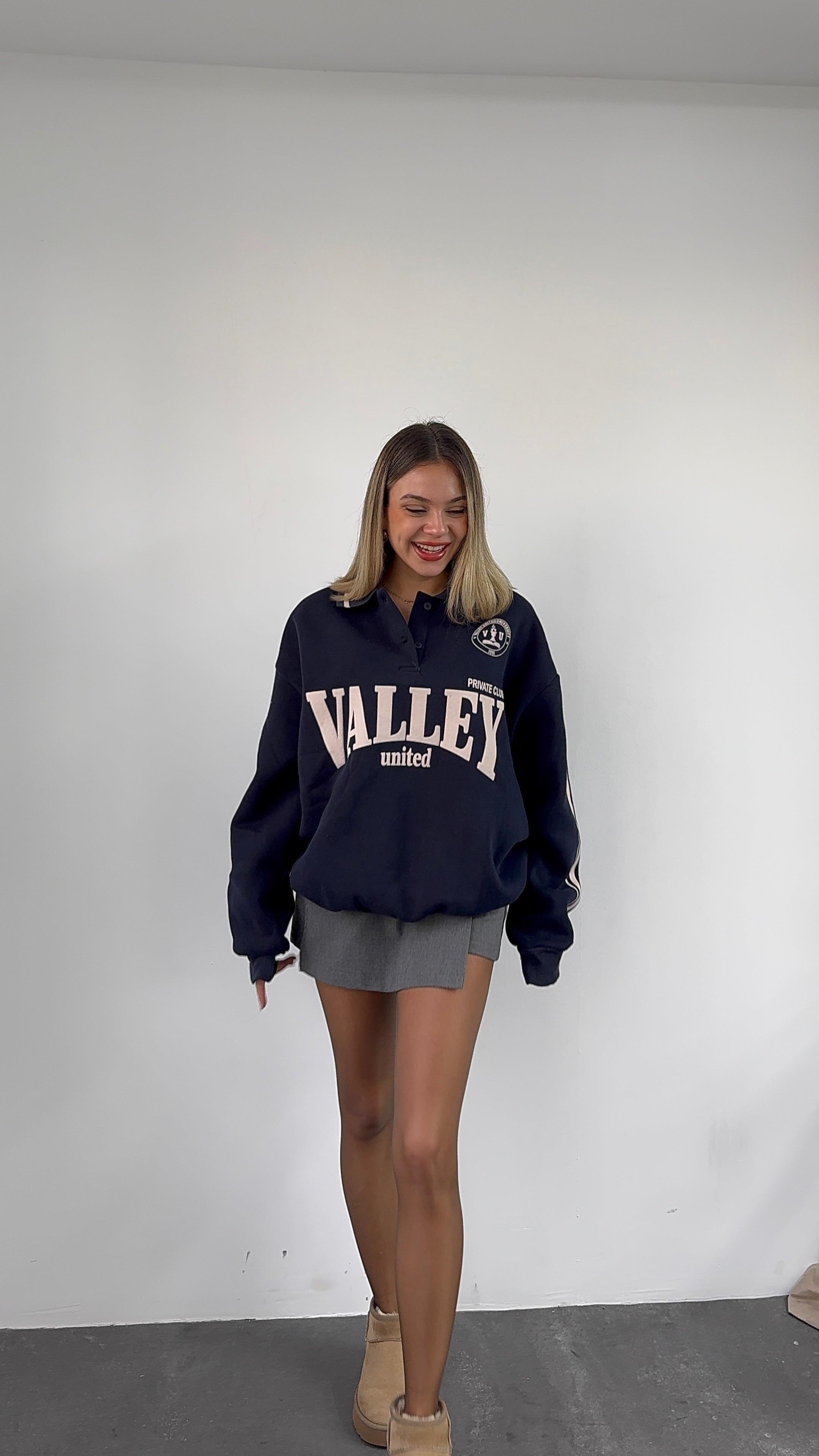 Polo Yaka Baskılı Lacivert Sweatshirt
