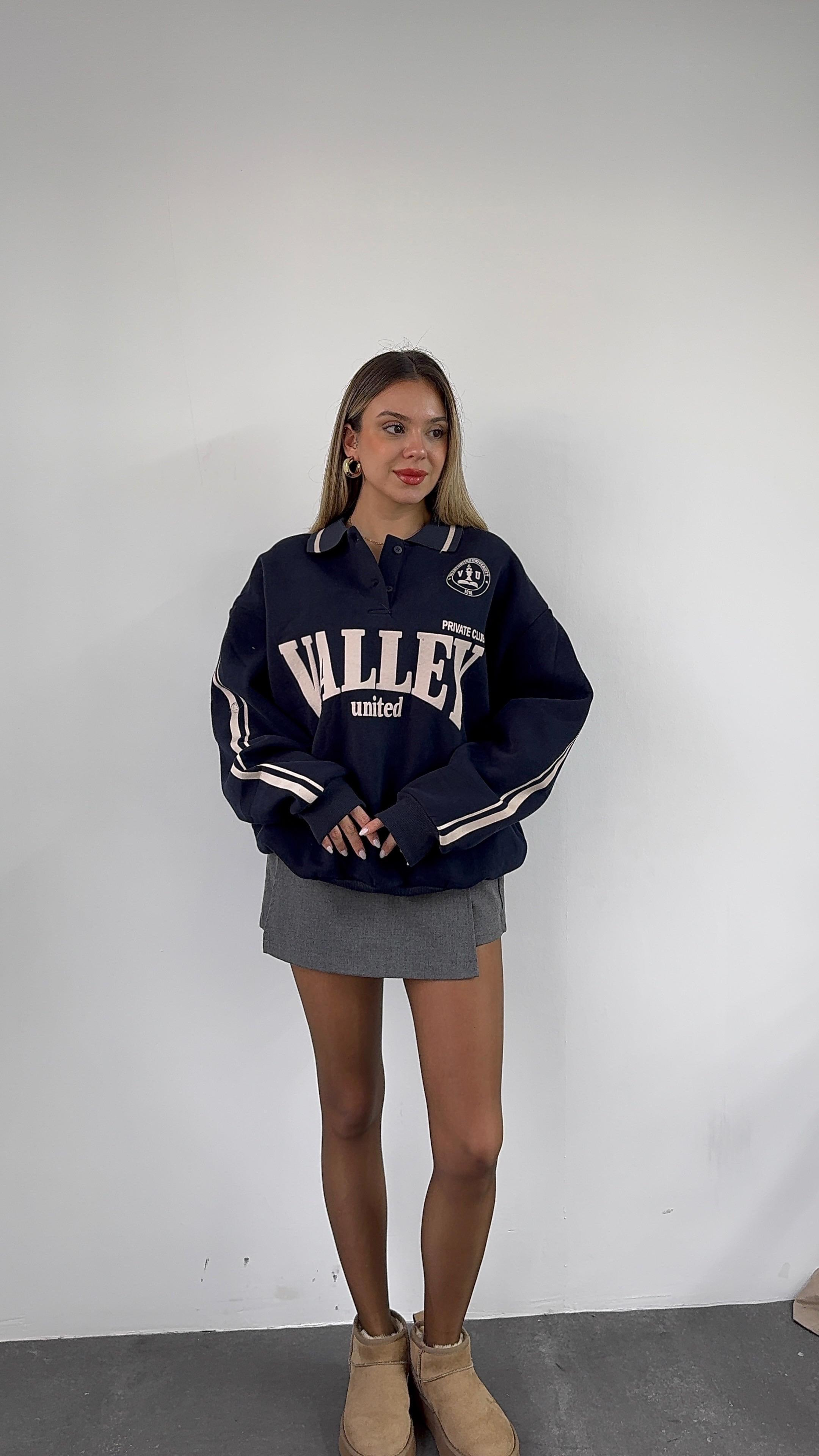 Polo Yaka Baskılı Lacivert Sweatshirt