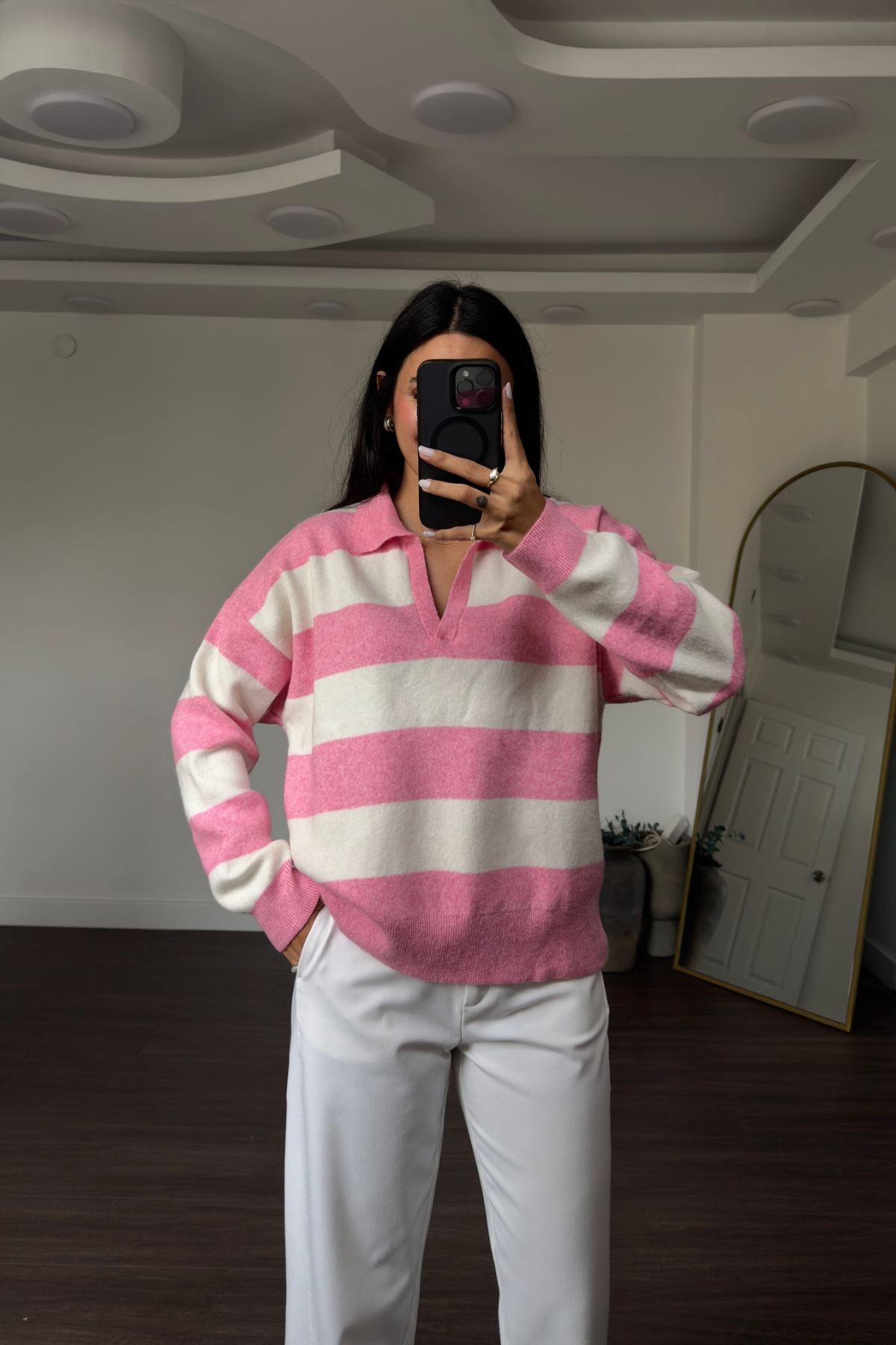 Polo Yaka Çizgili Kazak-Pembe