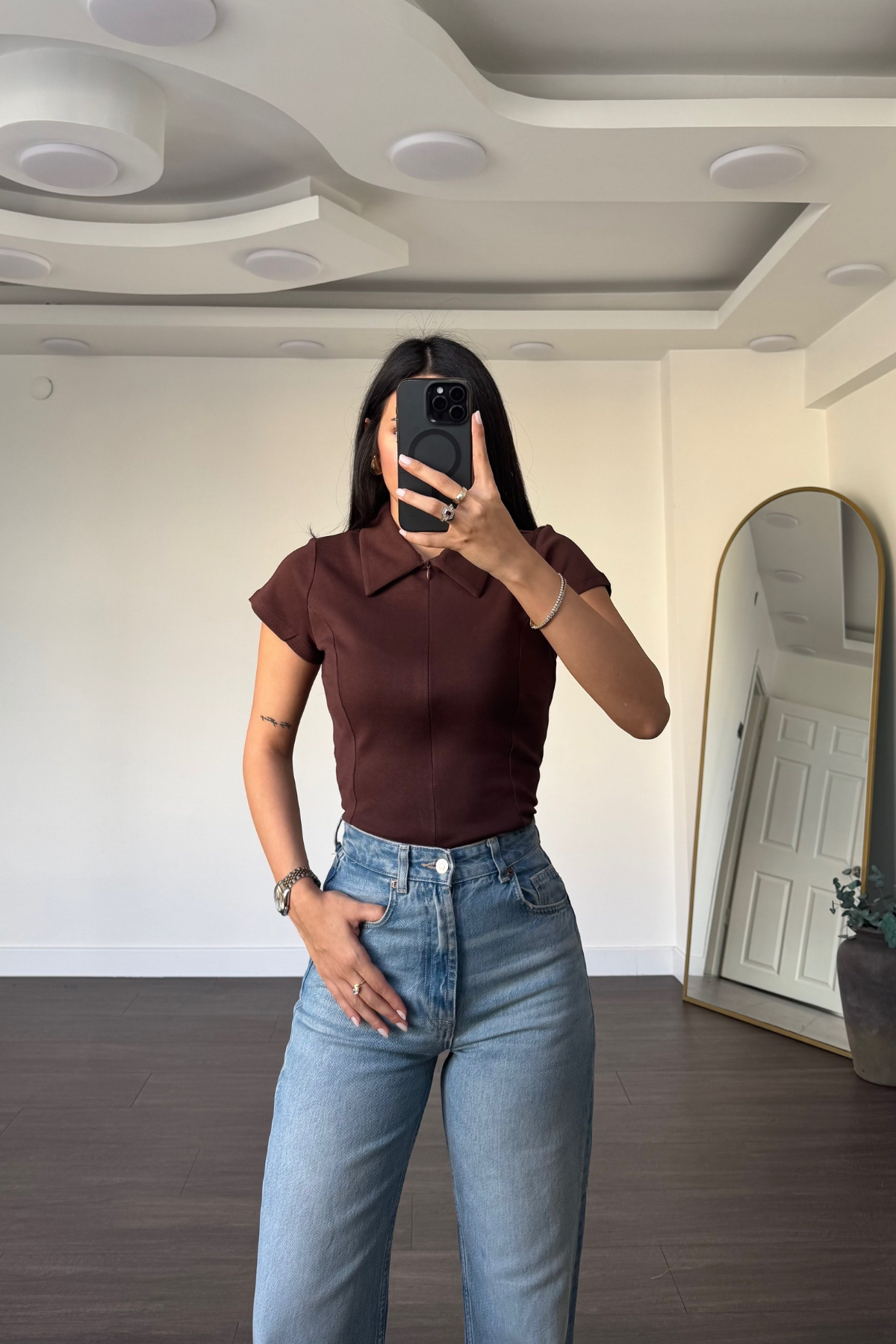Polo Yaka Fermuarlı Tişört-Acı Kahve