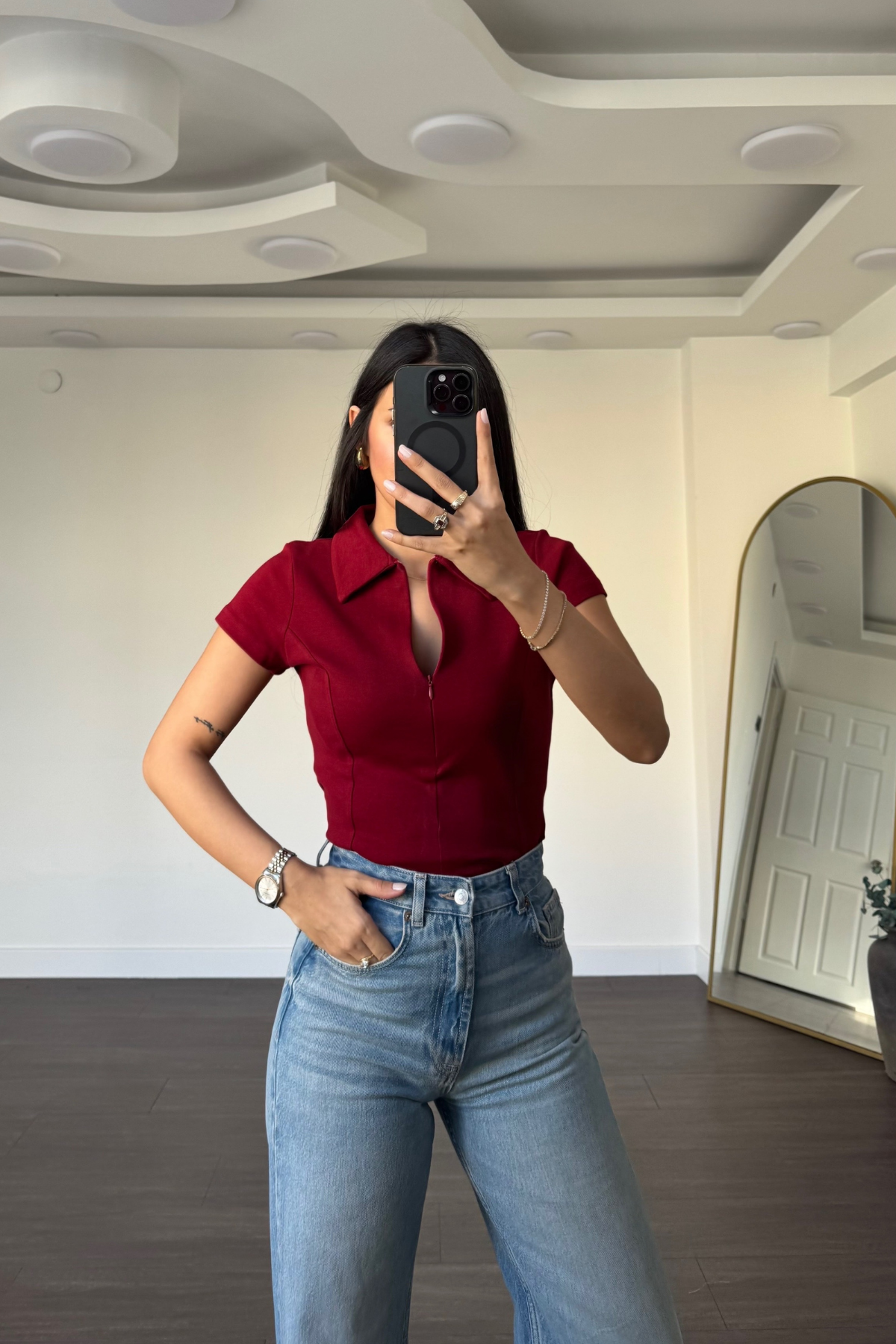 Polo Yaka Fermuarlı Tişört-Bordo