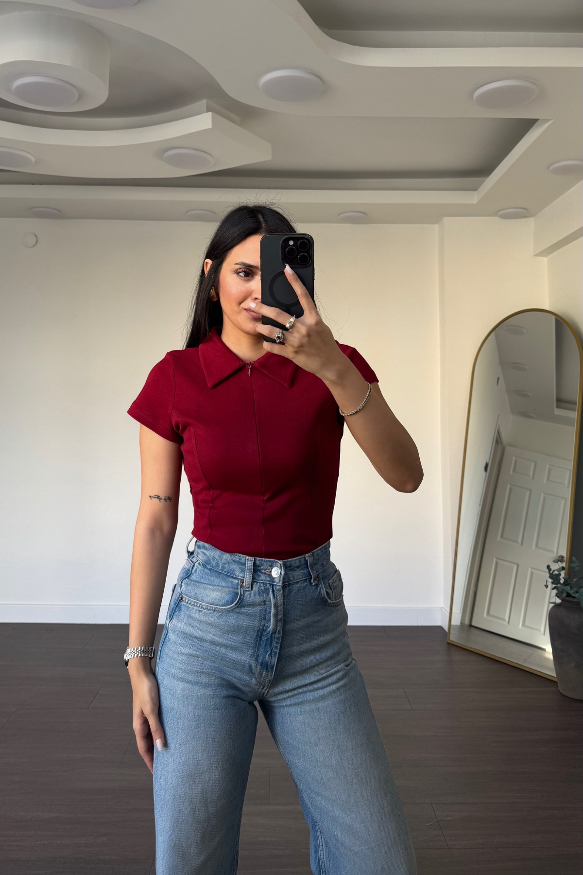 Polo Yaka Fermuarlı Tişört-Bordo