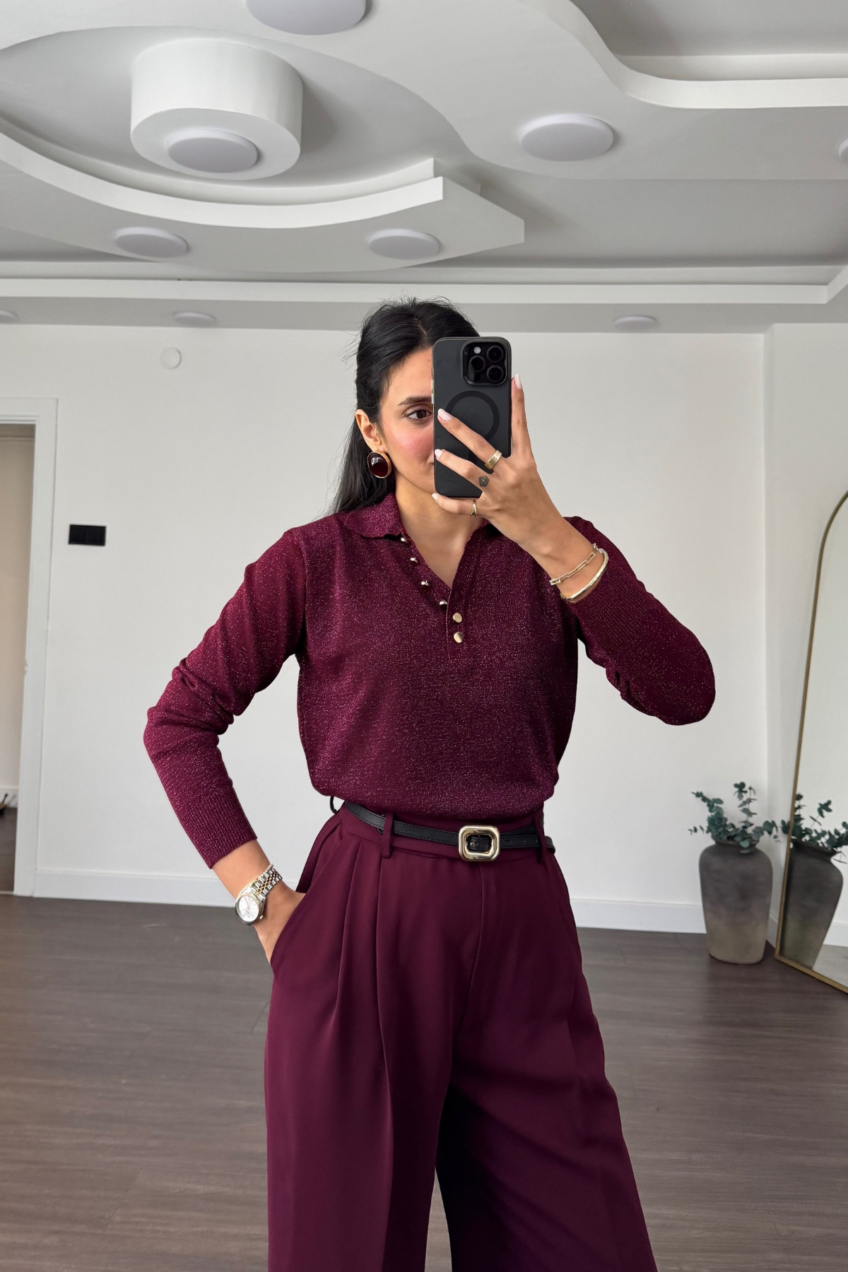 Polo Yaka Simli Bluz-Bordo
