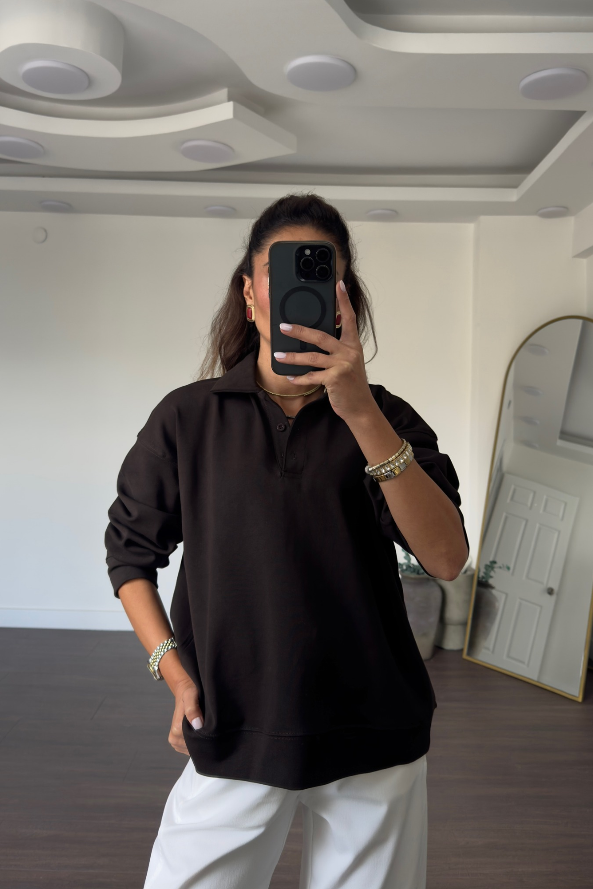 Polo Yaka Sweatshirt-Kahve