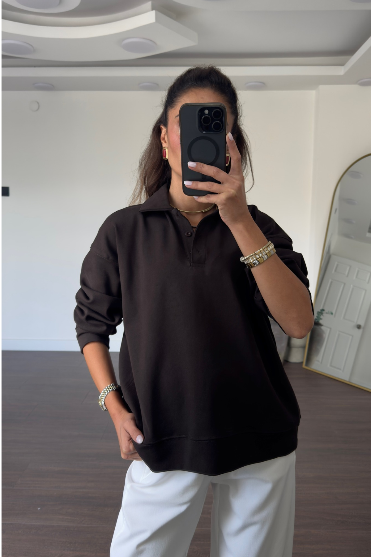Polo Yaka Sweatshirt-Kahve