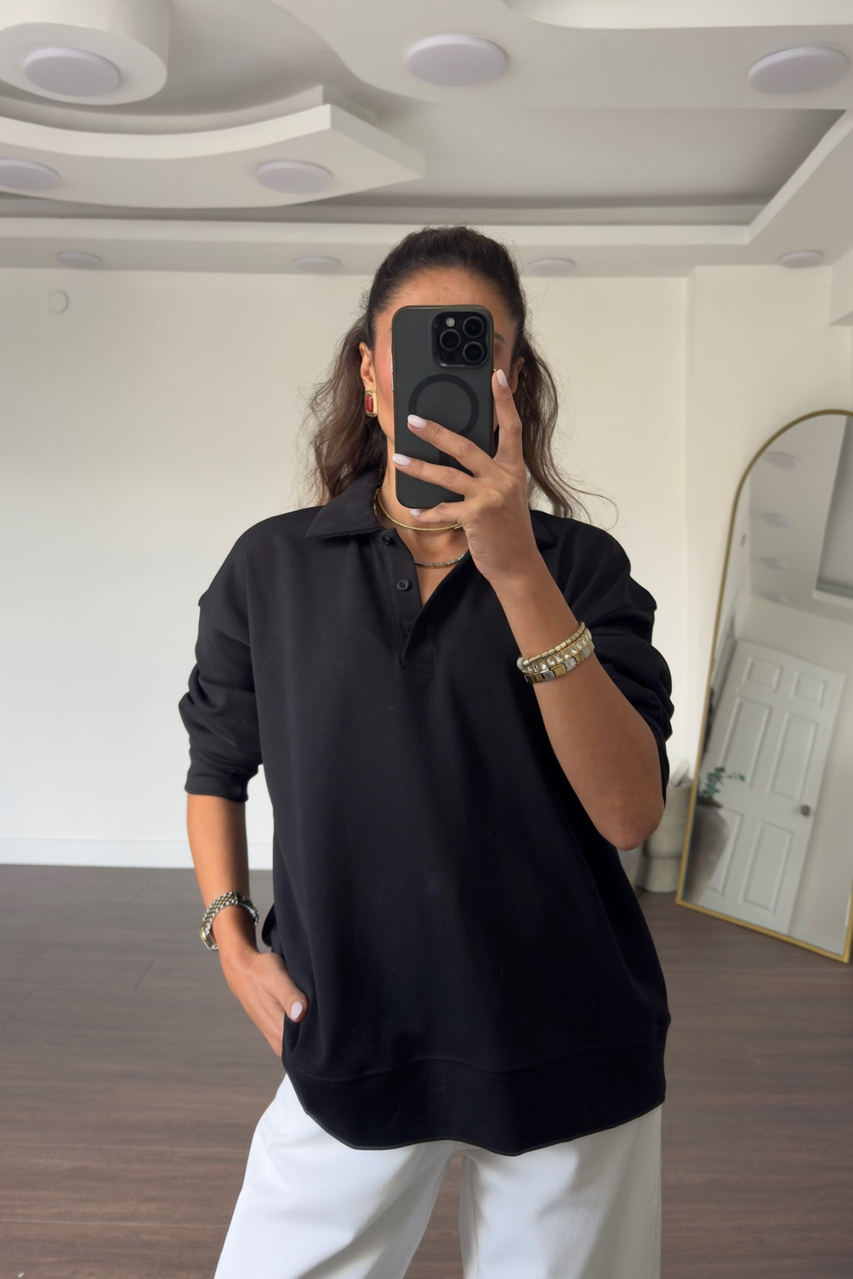 Polo Yaka Sweatshirt-Siyah