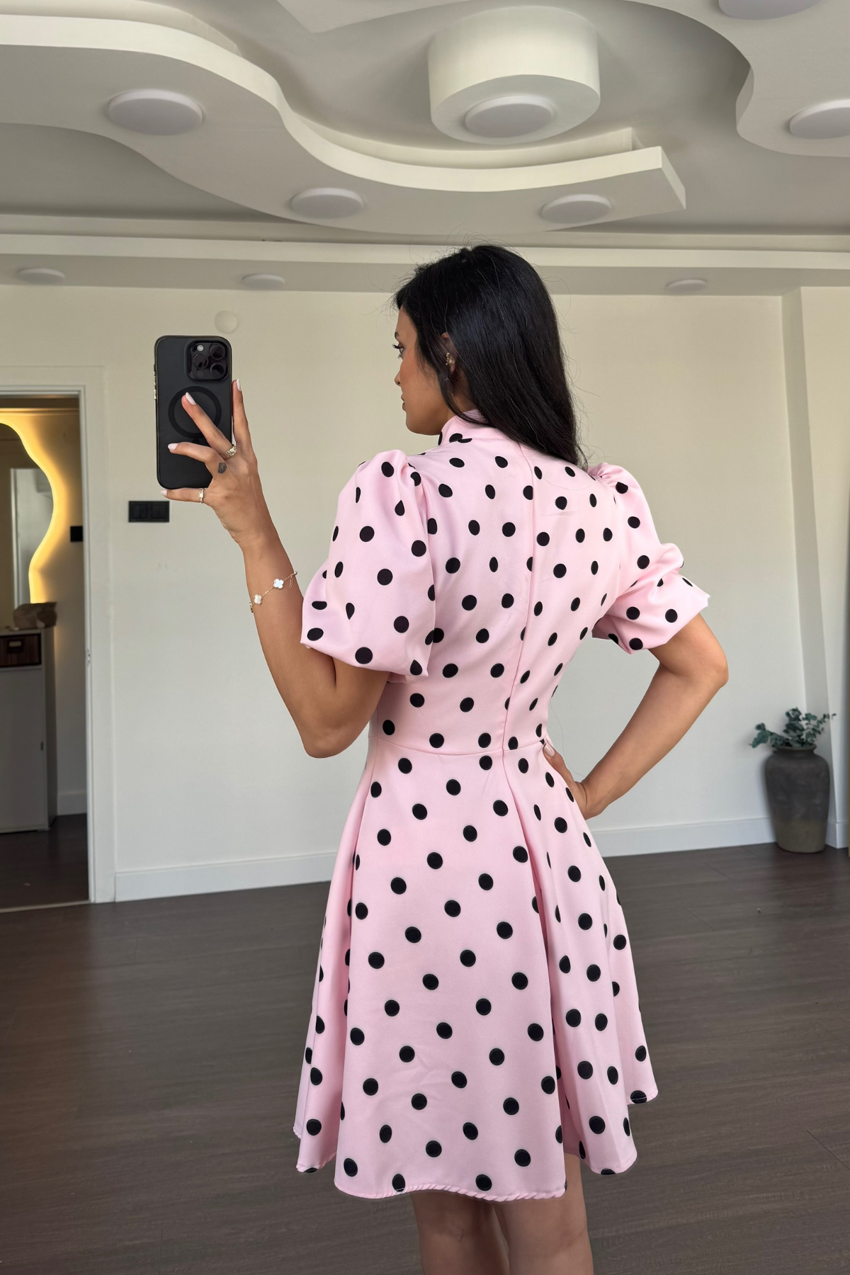 Puantiyeli Balon Kol Elbise-Pembe