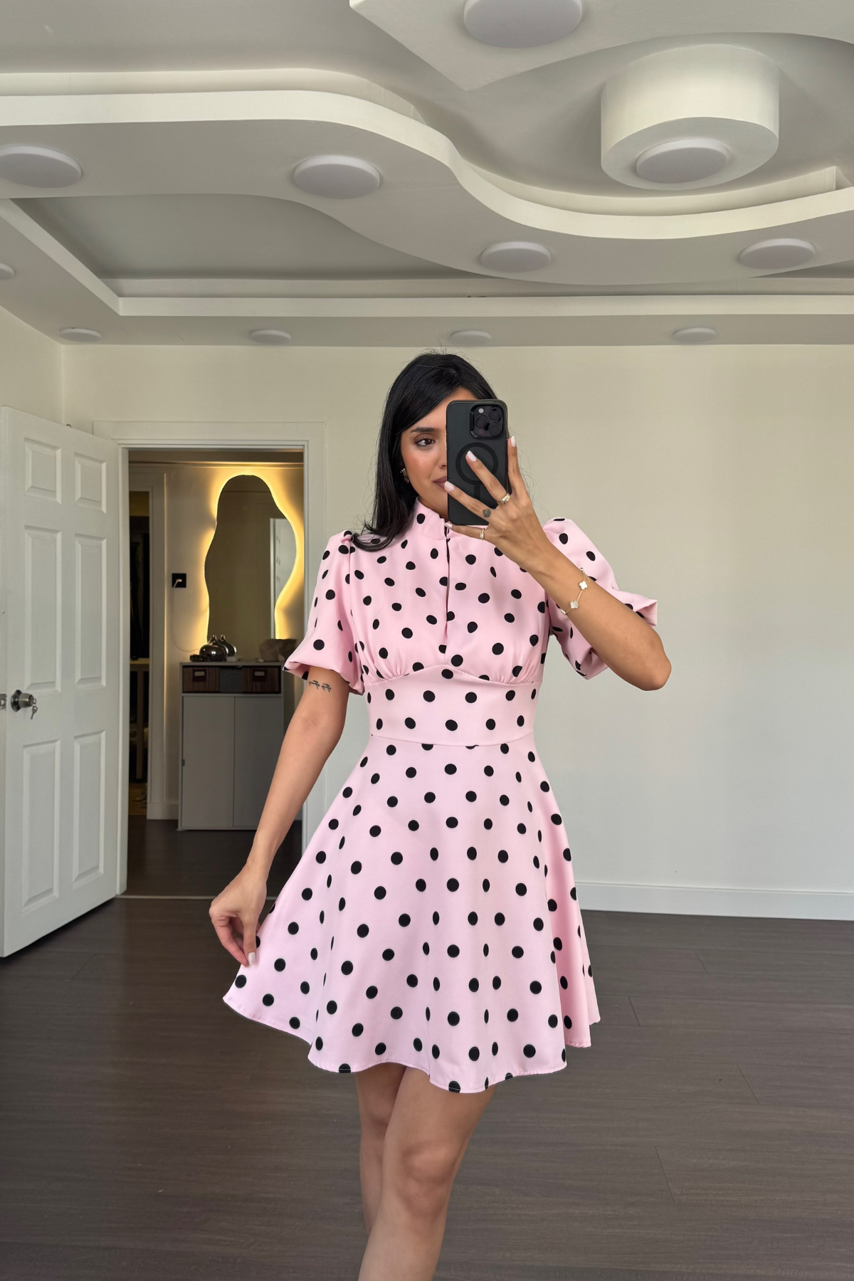 Puantiyeli Balon Kol Elbise-Pembe