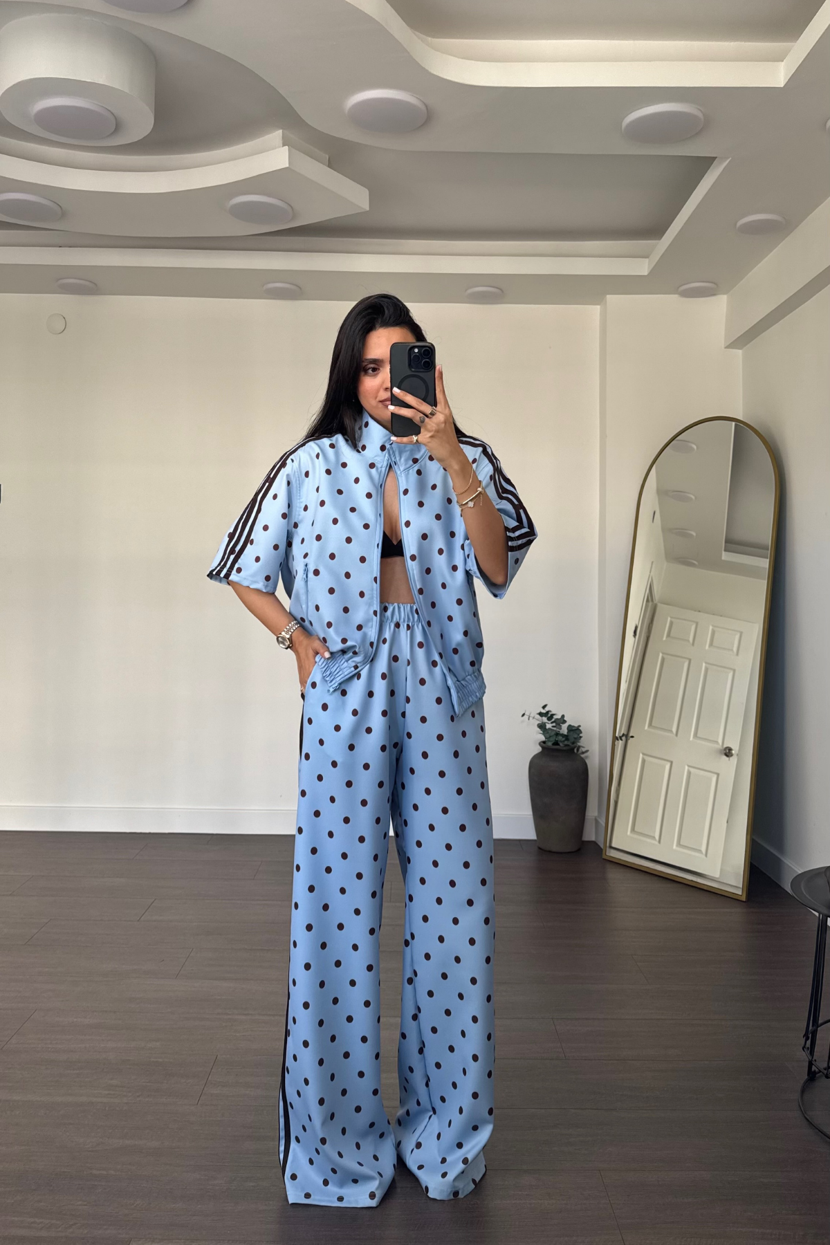 Puantiyeli Beli Lastikli Pantolon Takım-Mavi