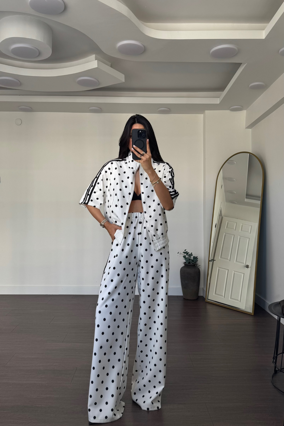 Puantiyeli Beli Lastikli Pantolon Takım-Beyaz