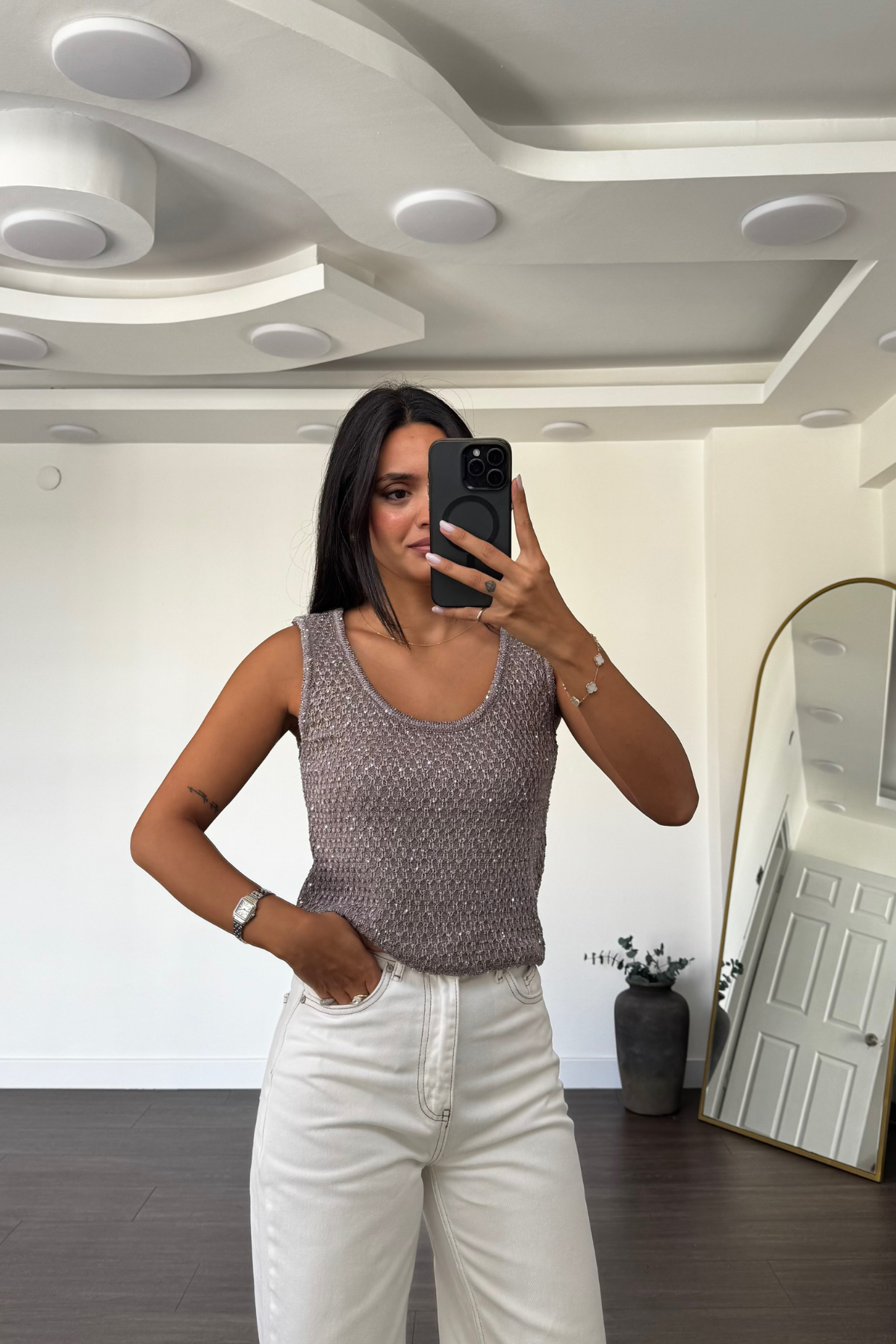 Pullu Metalik İplik Bluz-Bej