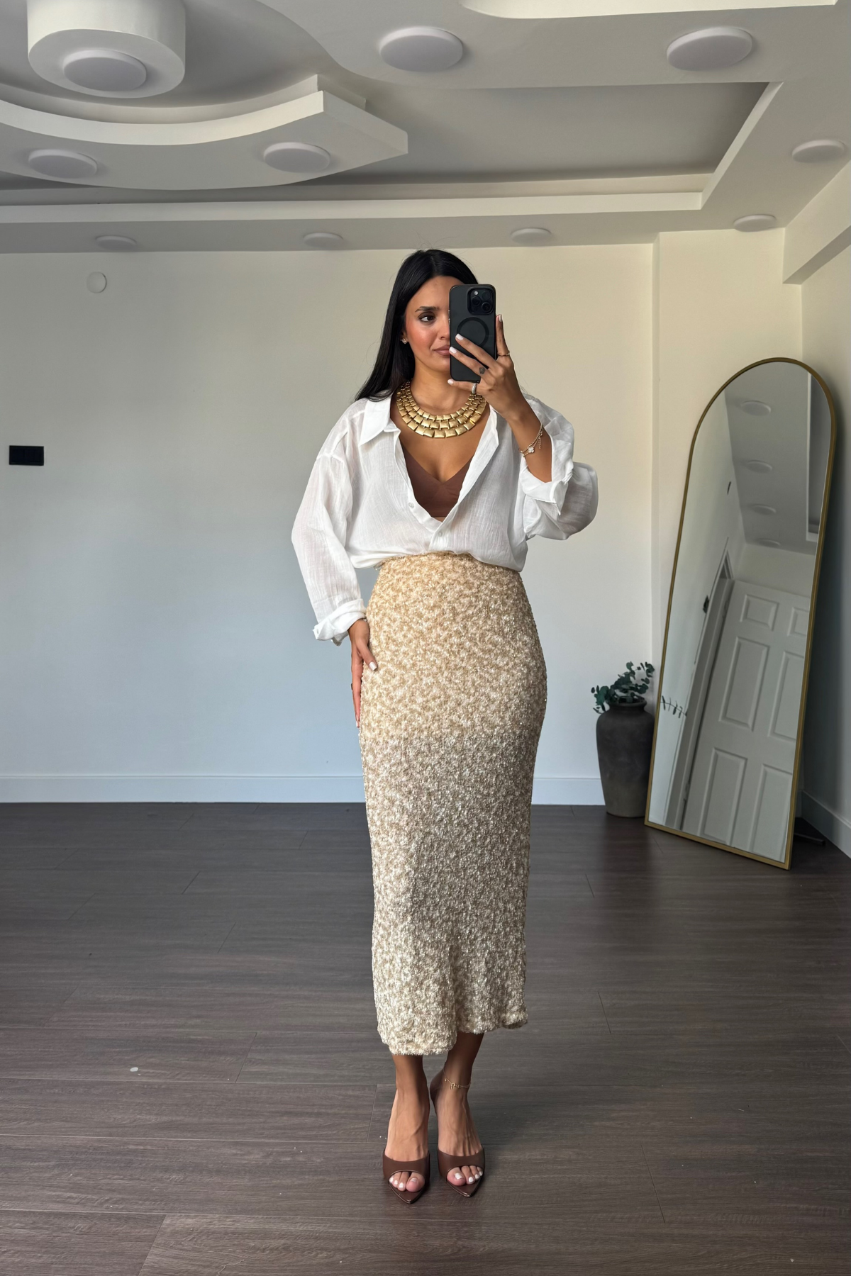 Pullu Midi Payet Etek-Bej