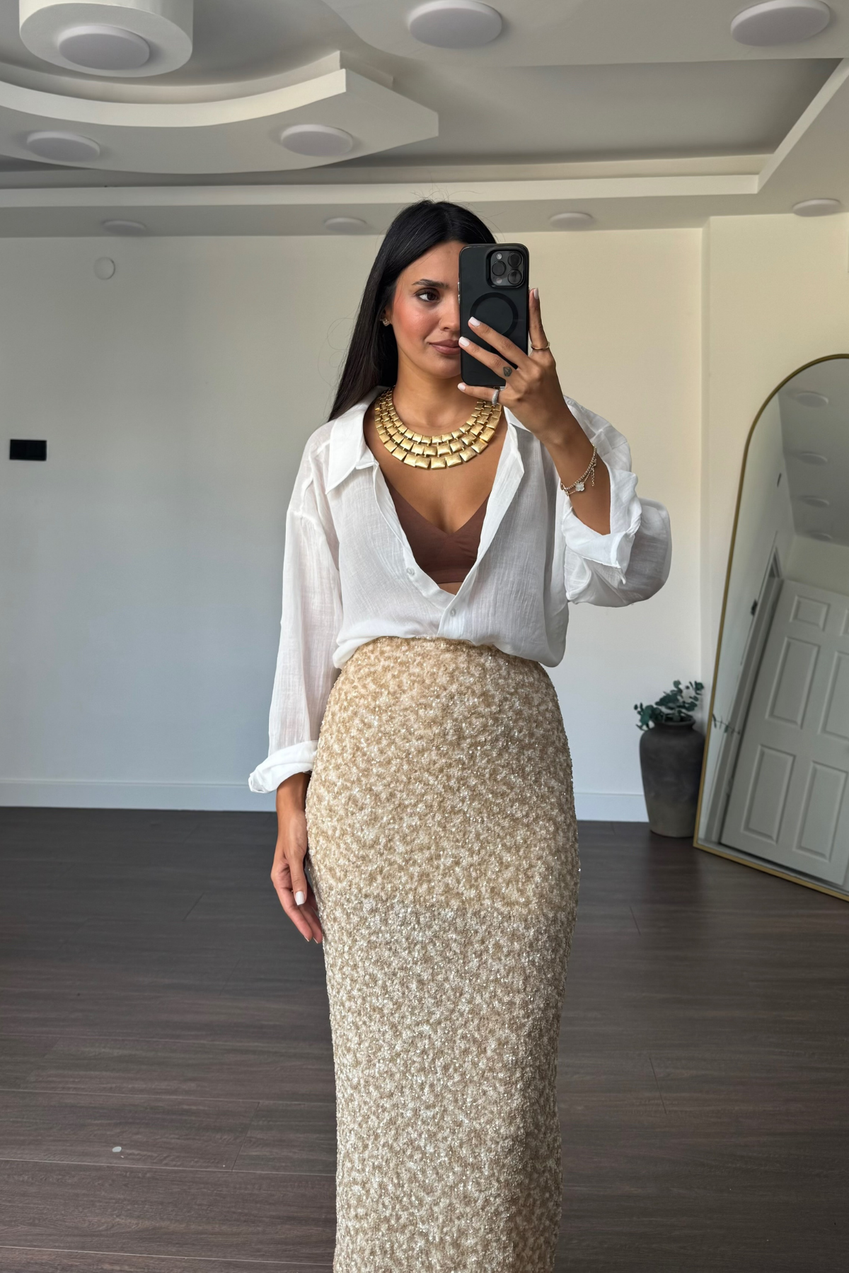 Pullu Midi Payet Etek-Bej