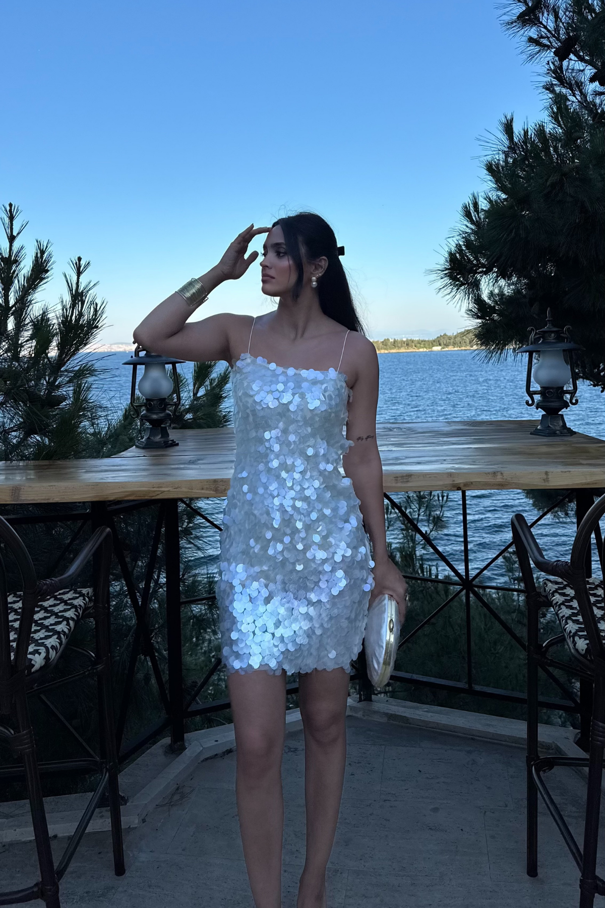 Pullu Payetli Elbise-Beyaz
