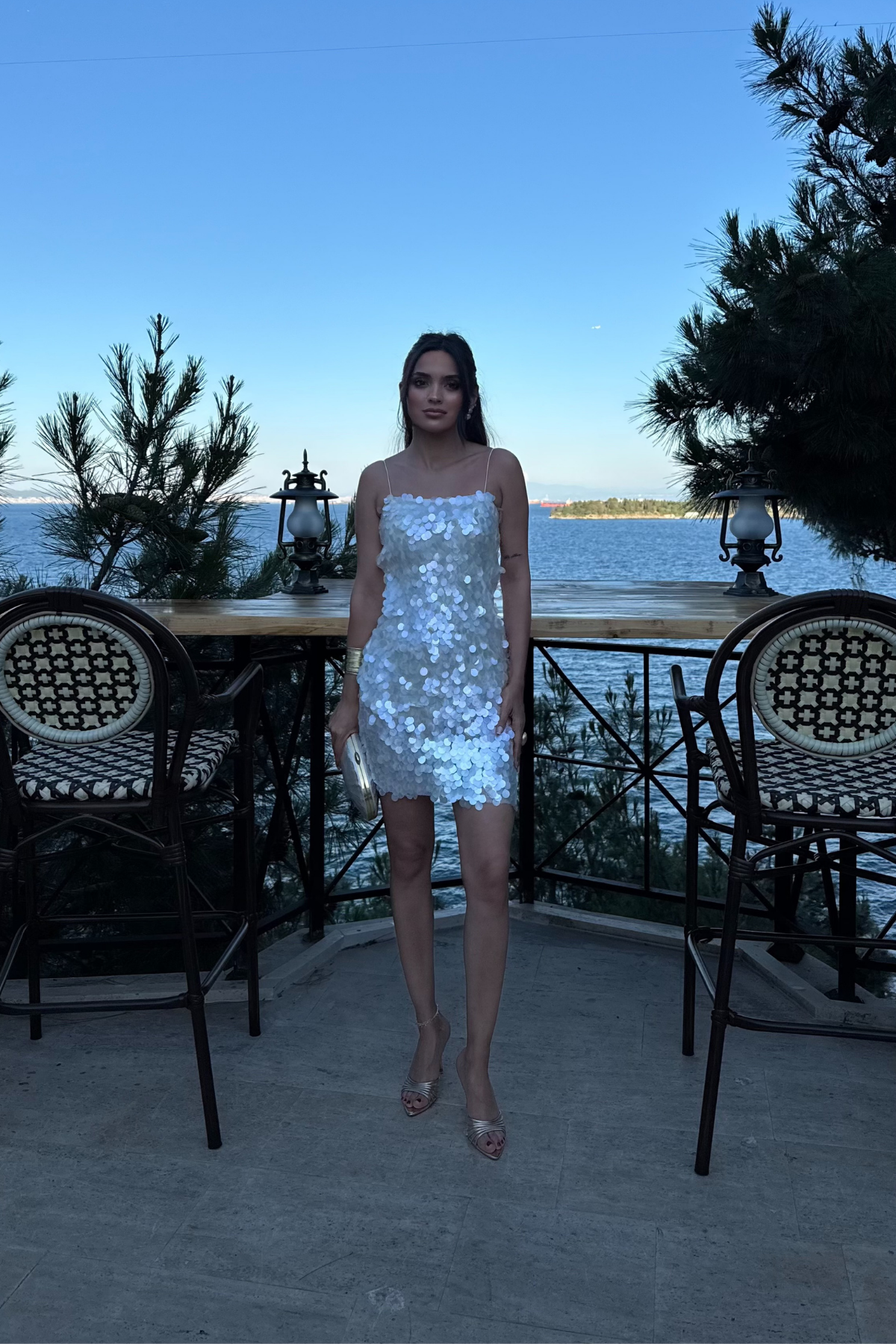 Pullu Payetli Elbise-Beyaz