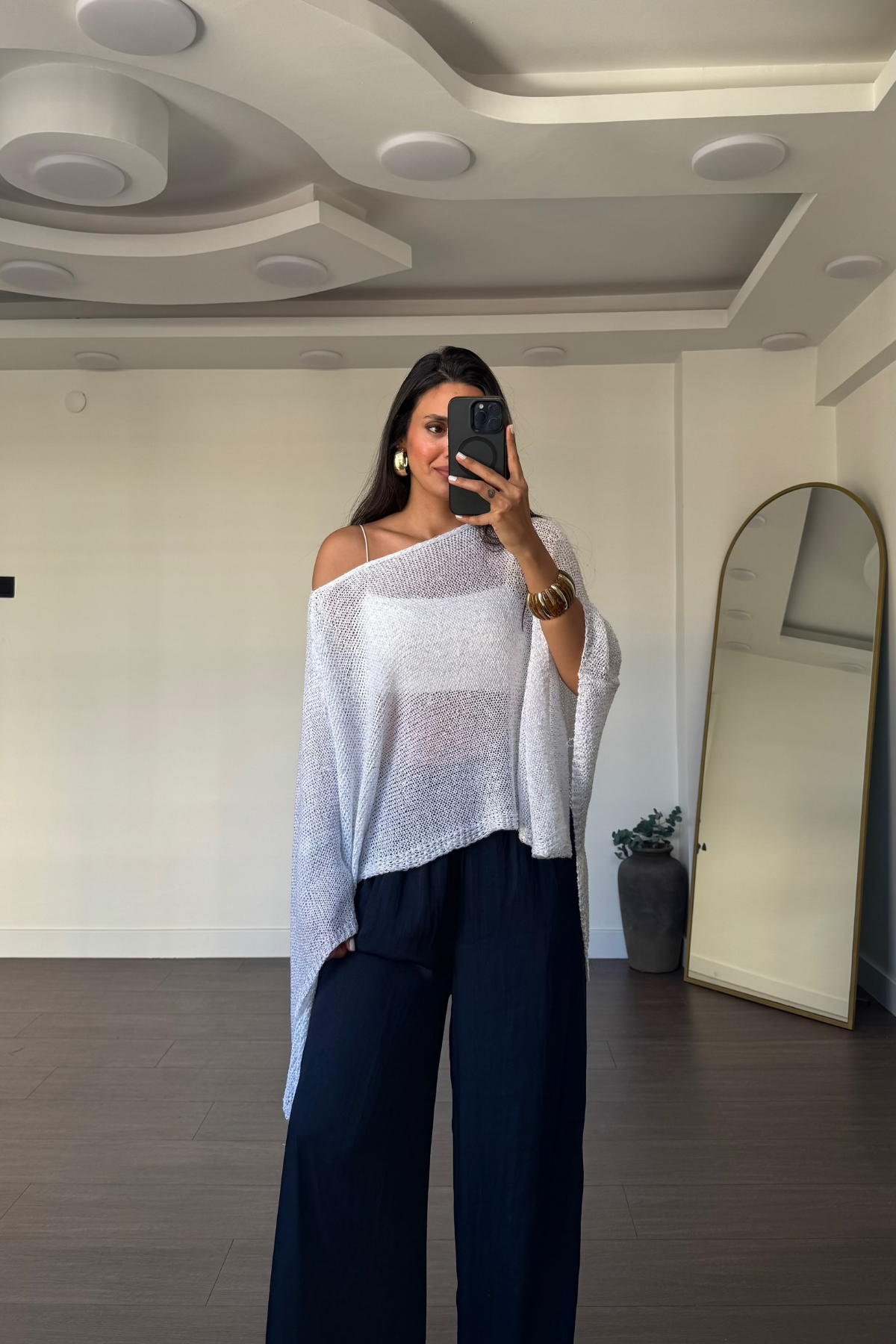 Pullu Pelerin Bluz-Beyaz