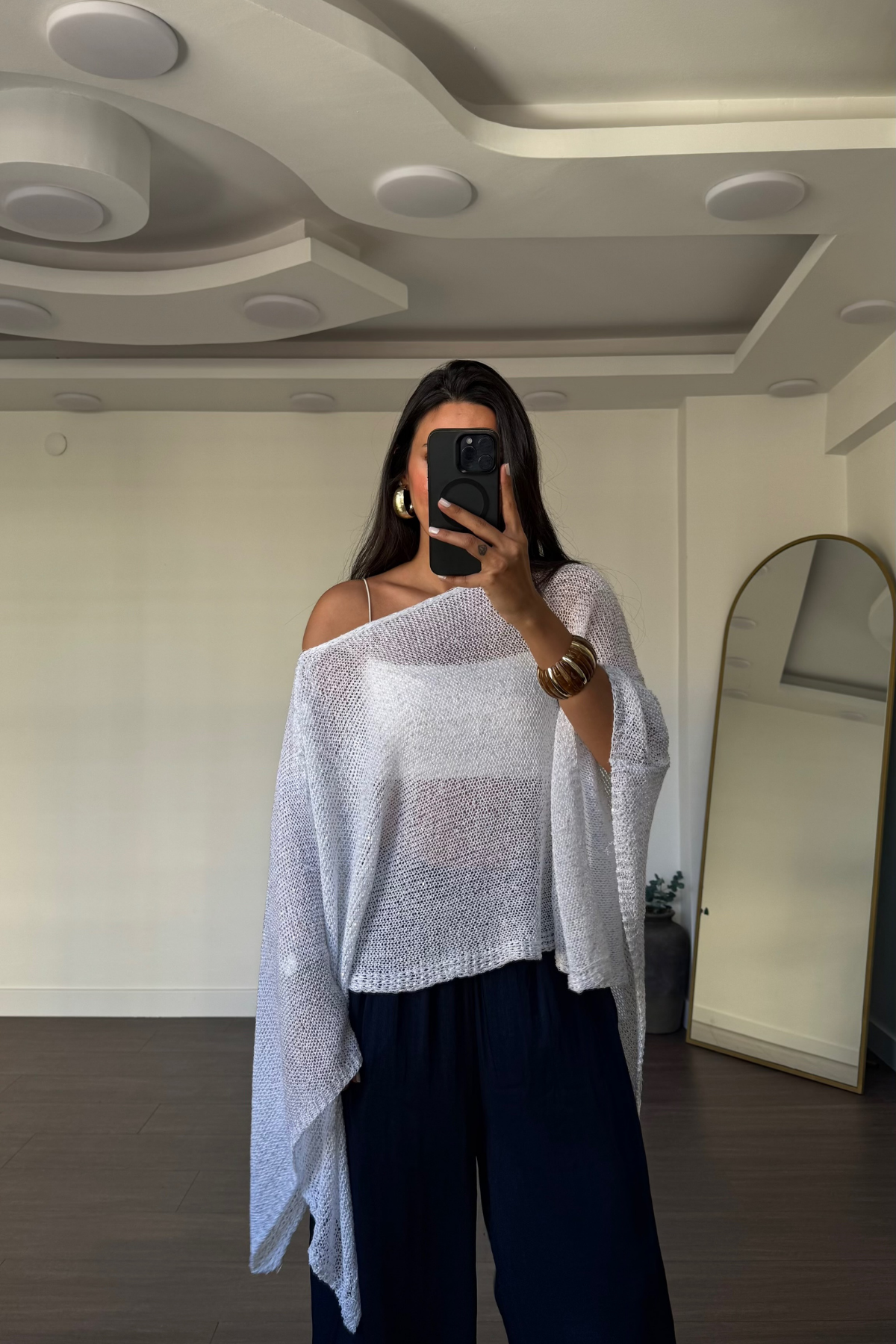 Pullu Pelerin Bluz-Beyaz