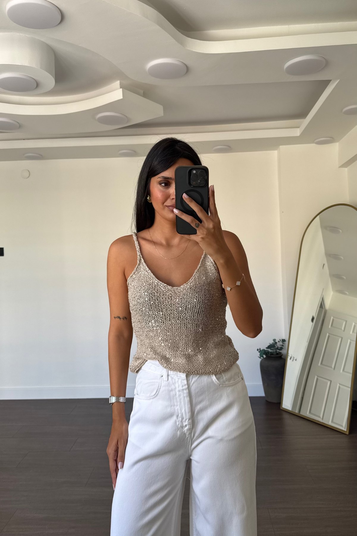 Pullu Triko Askılı Bluz-Bej