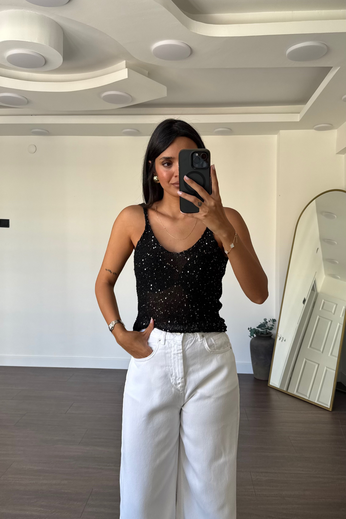 Pullu Triko Askılı Bluz-Siyah