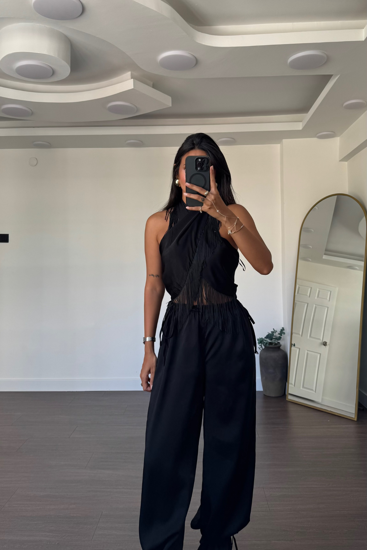Püskül Detaylı Bluz Pantolon Takım-Siyah