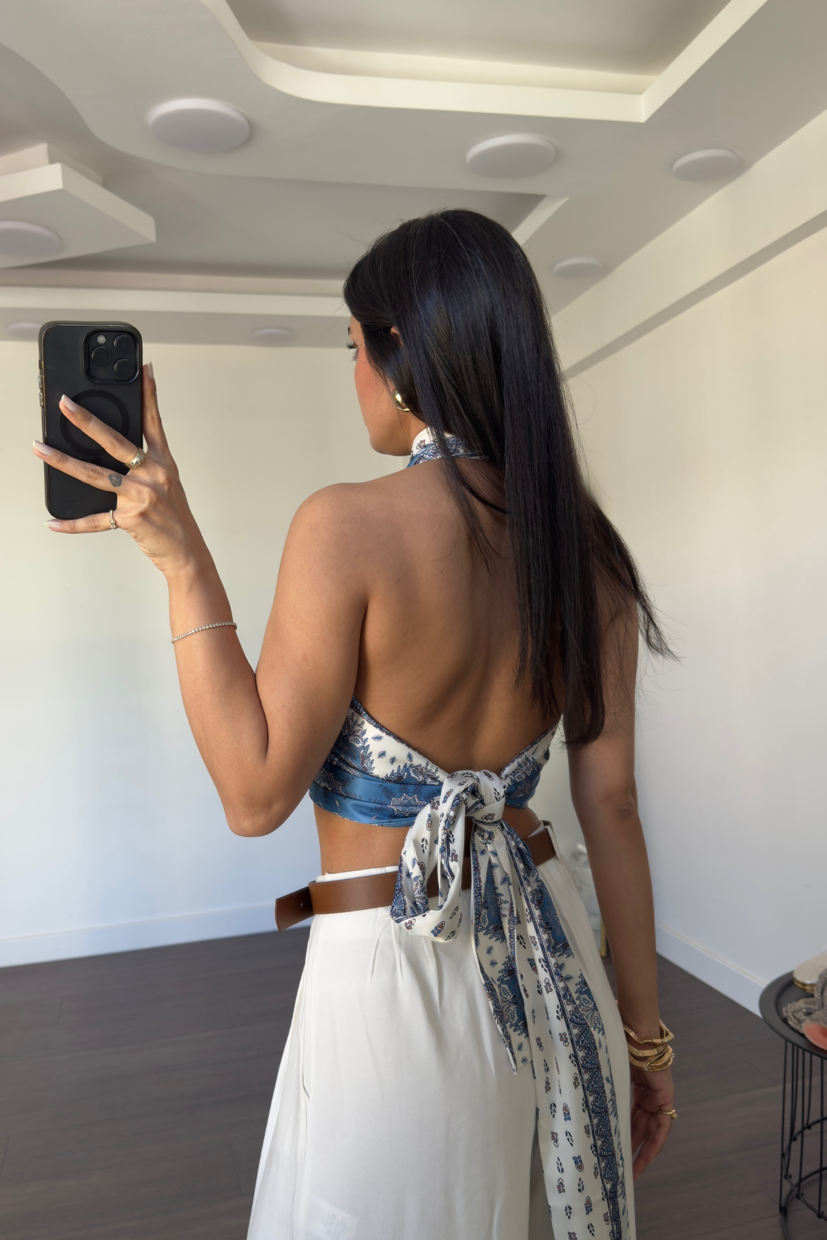 Saten Desenli Crop Bluz-Mavi