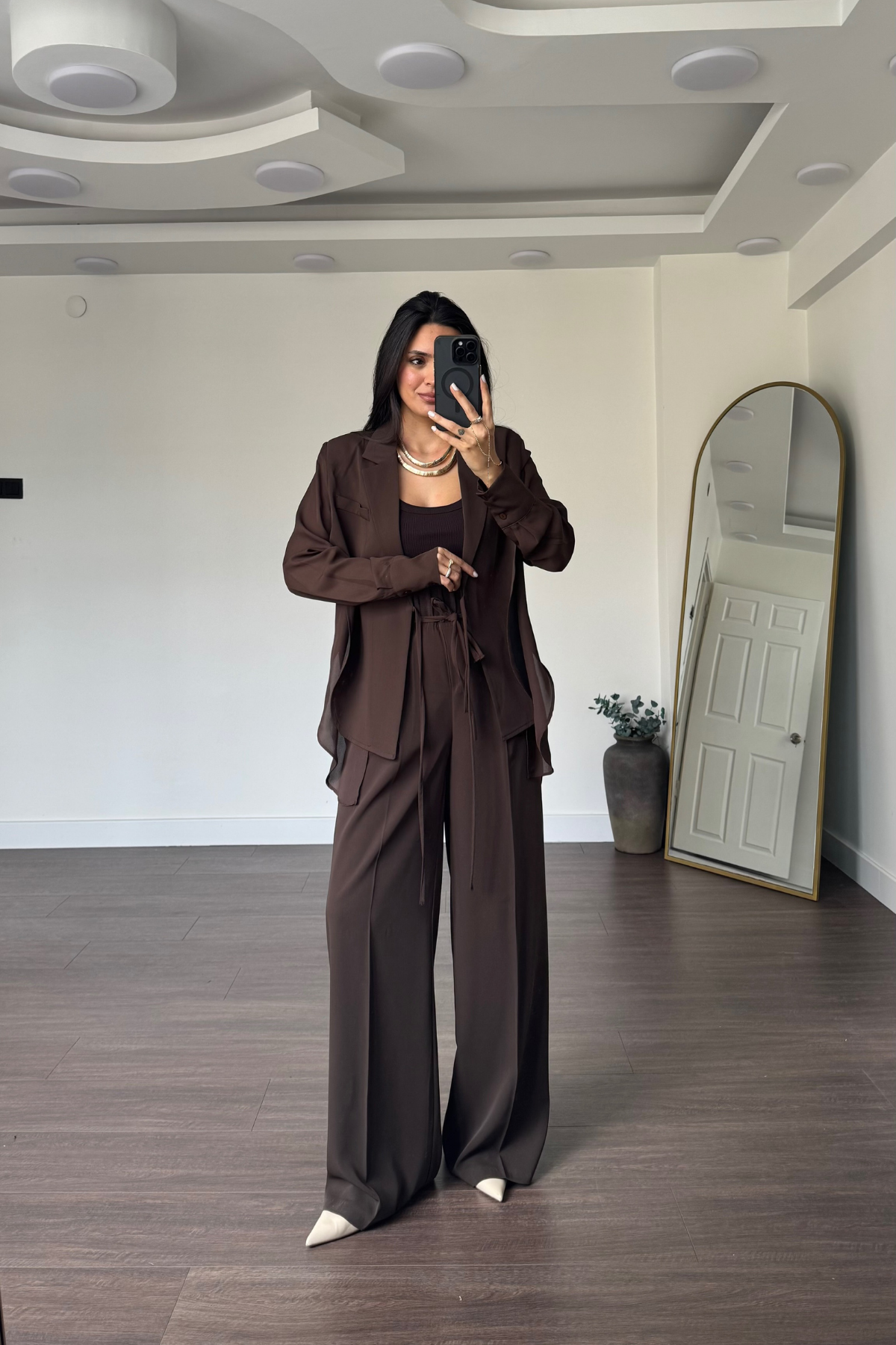Şifon Detaylı Ceket Pantolon Takım-Kahve
