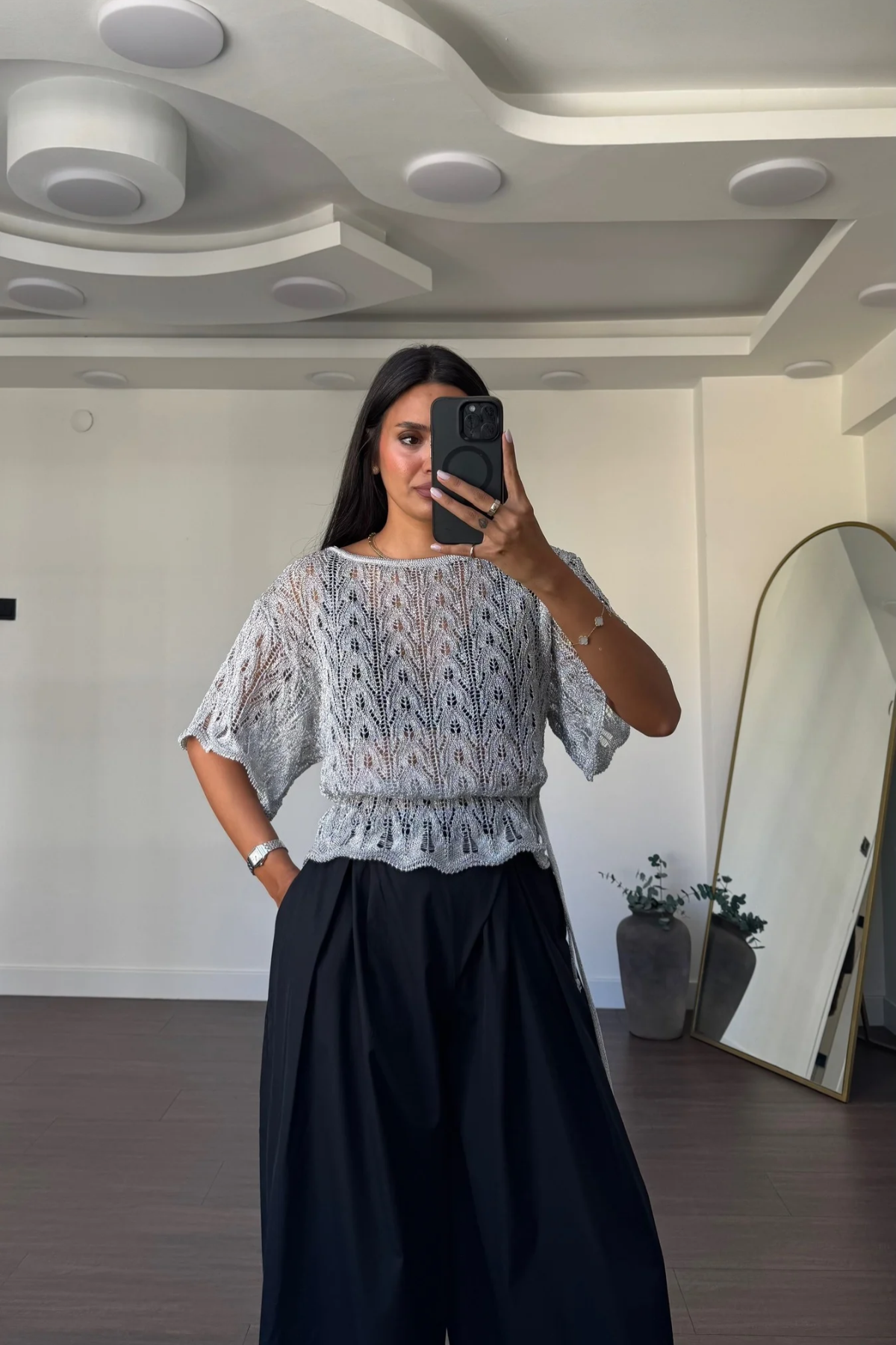 Simli Beli Bağlamalı Ajurlu Triko Bluz-Gümüş
