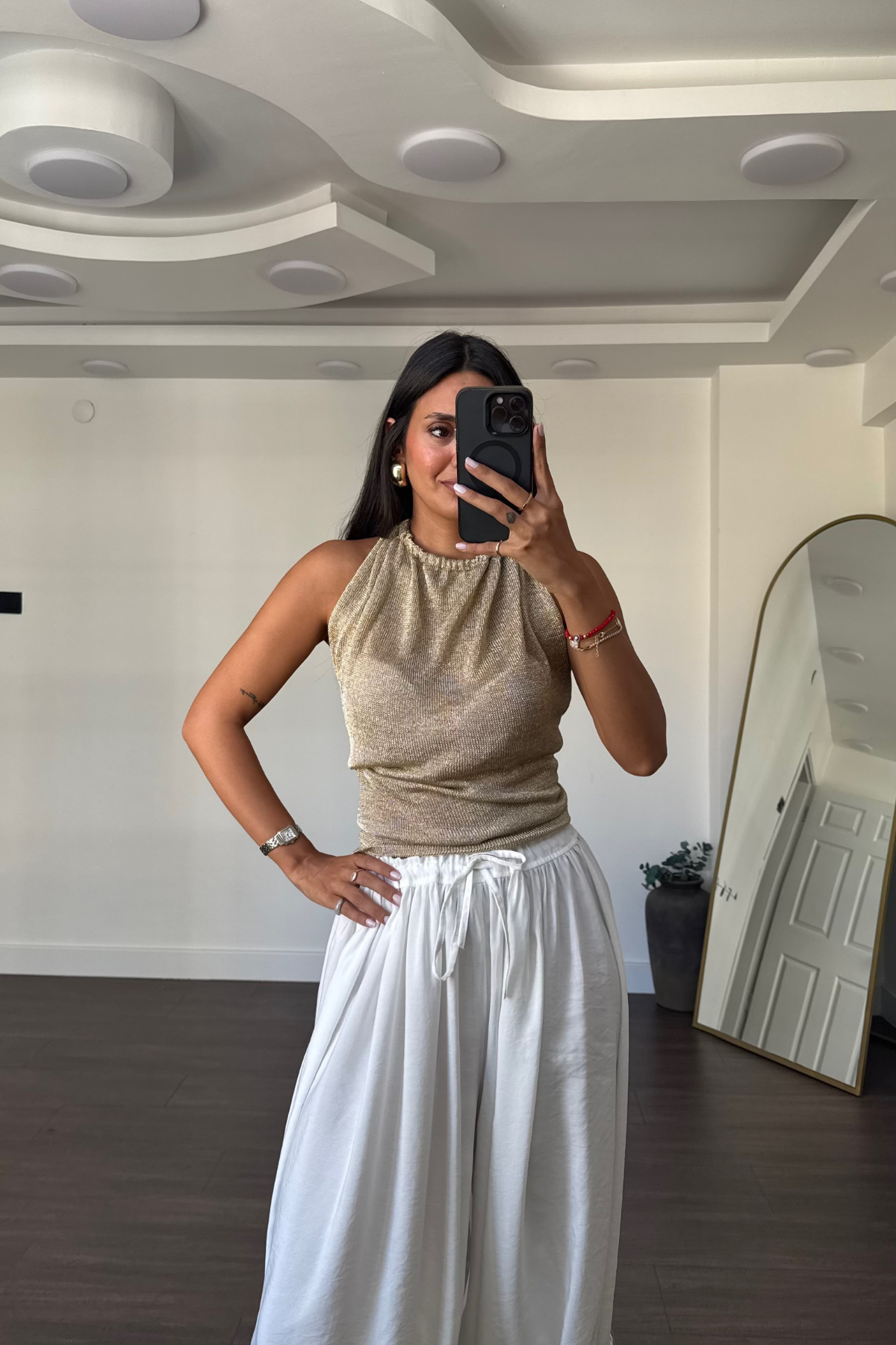 Sırt Dekolteli Simli Bluz-Gold