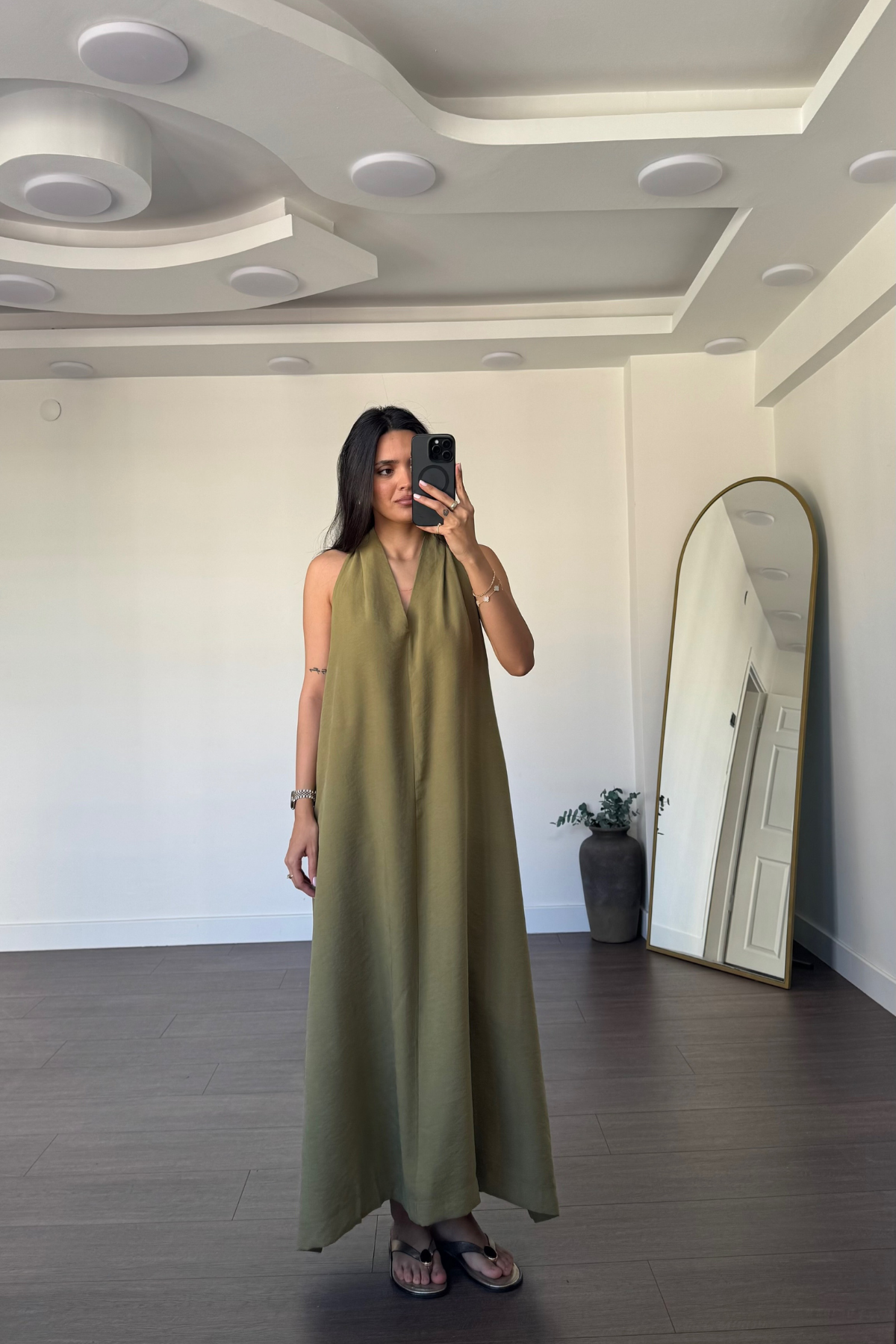 Sırt Detaylı Elbise-Yeşil