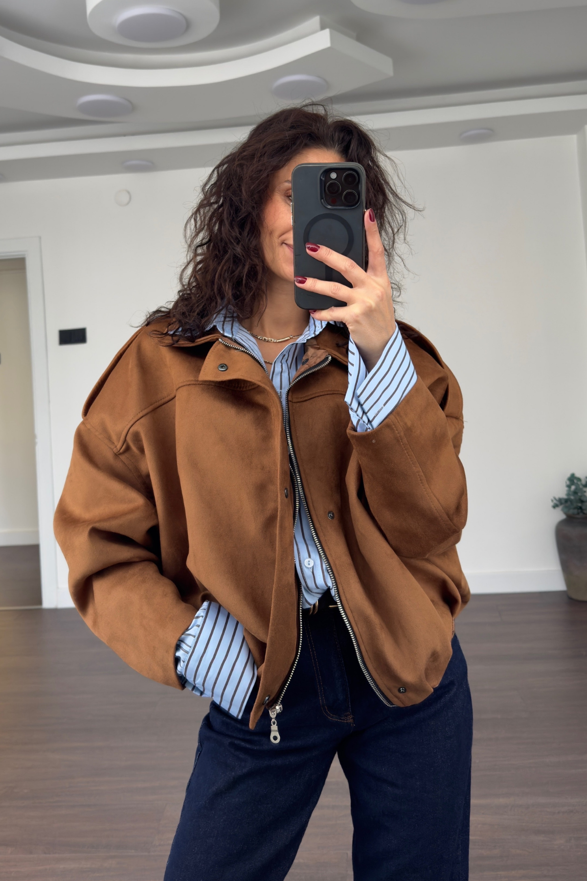 Süet Bomber Ceket-Camel