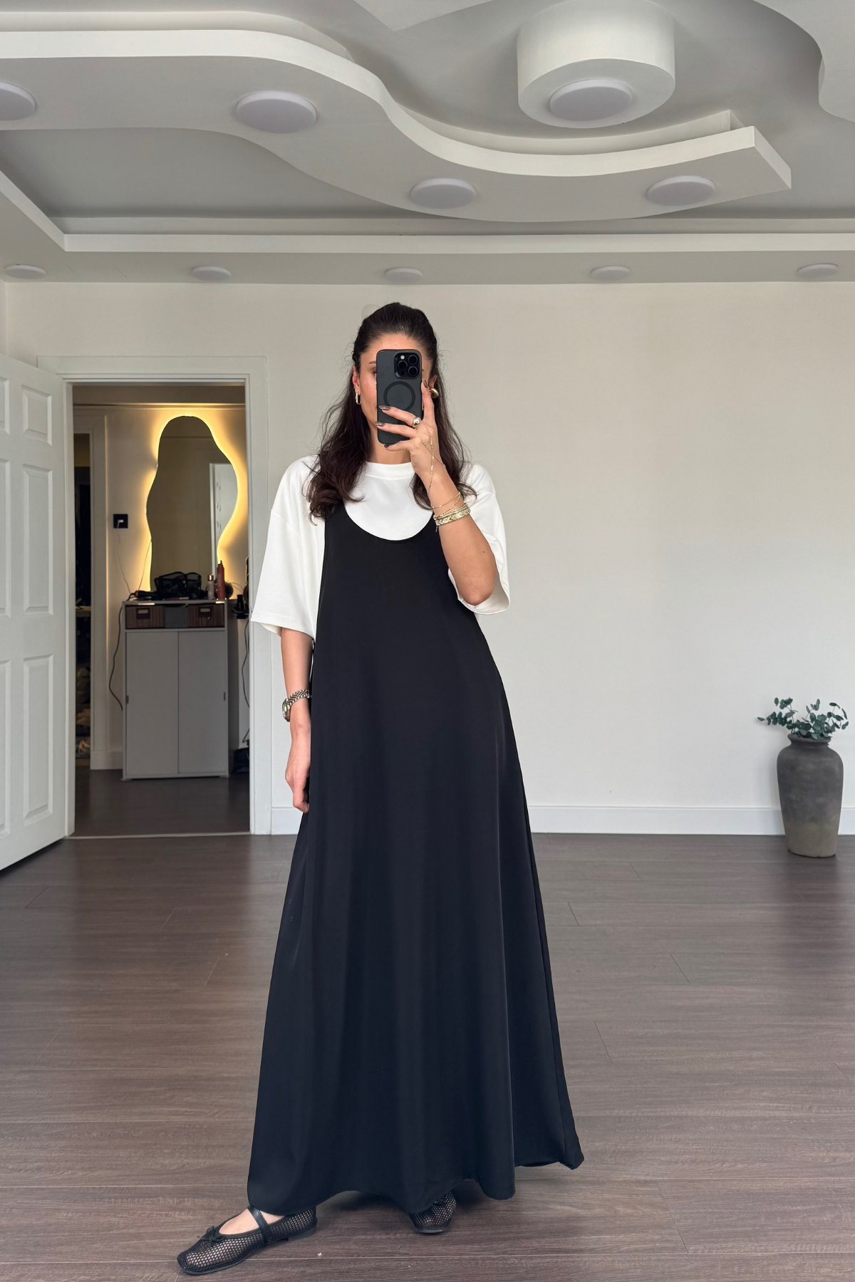 T-shirt Detaylı Kalın Askılı Elbise-Siyah